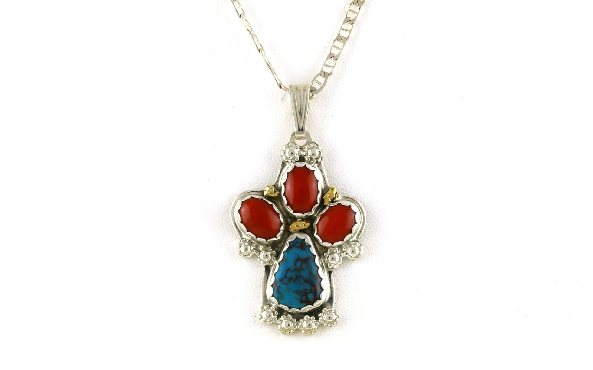 Estate Piece: Paw Print Turquoise and Coral Necklace in Sterling Silver