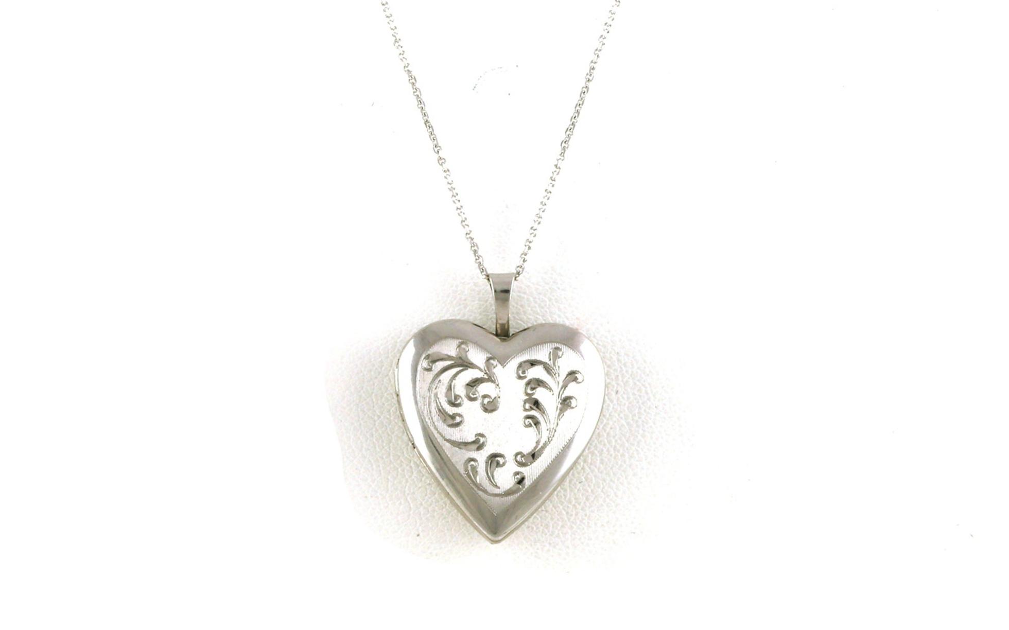 Estate Piece: Heart Locket Necklace with Floral Engraved Details in White Gold