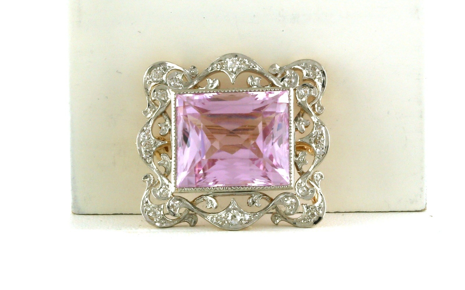 Estate Piece: Rectangular Filigree Kunzite and Diamond Pin-Brooch in Two-tone Platinum and Yellow Gold