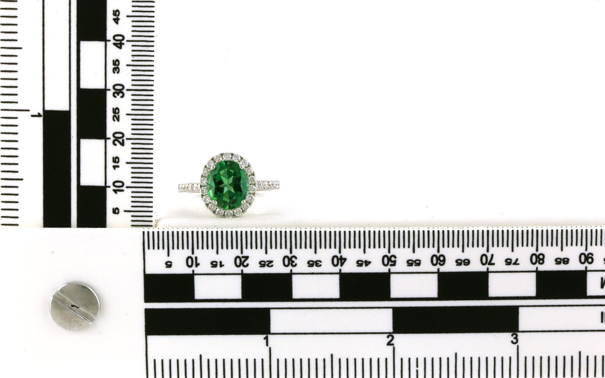 Estate Piece: Halo-style Oval Green Tourmaline and Diamond Ring in White Gold (3.60cts TWT) scale