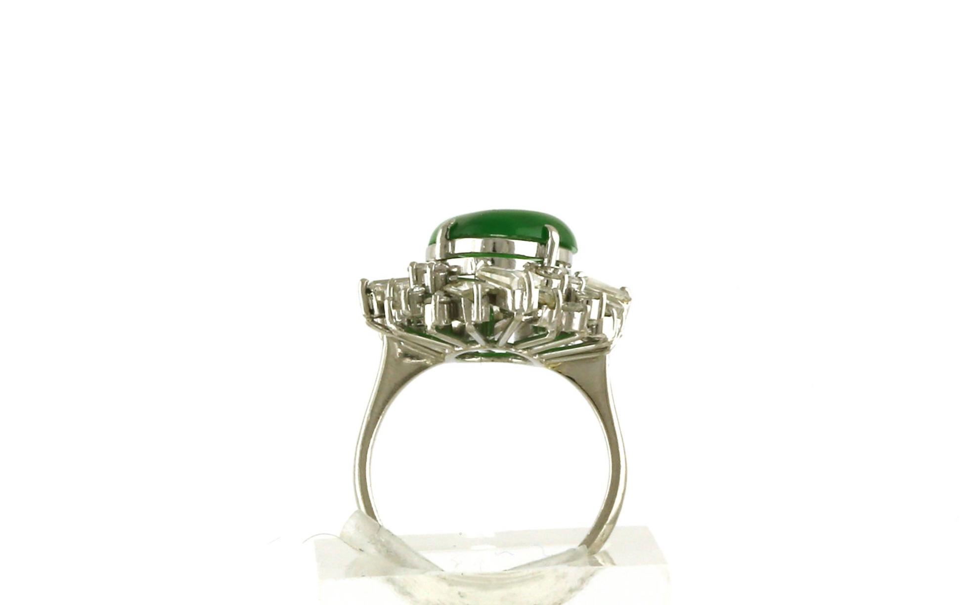 Estate Piece: Ballerina-style Oval Mottled Green Jade and Diamond Ring in Platinum (4.67cts TWT) side