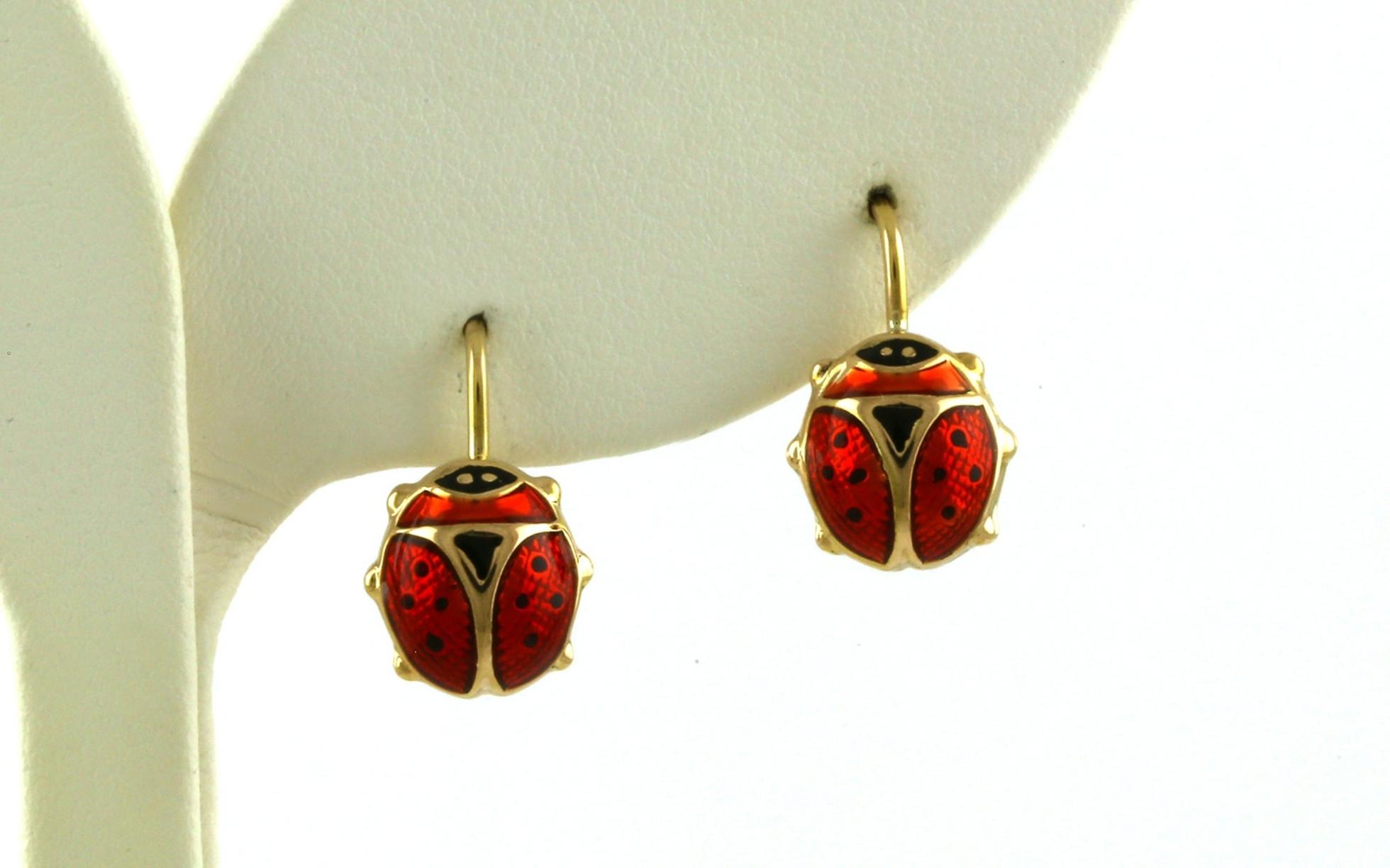 Estate Piece: Ladybug Red and Black Enamel Leverback Earrings in Yellow Gold