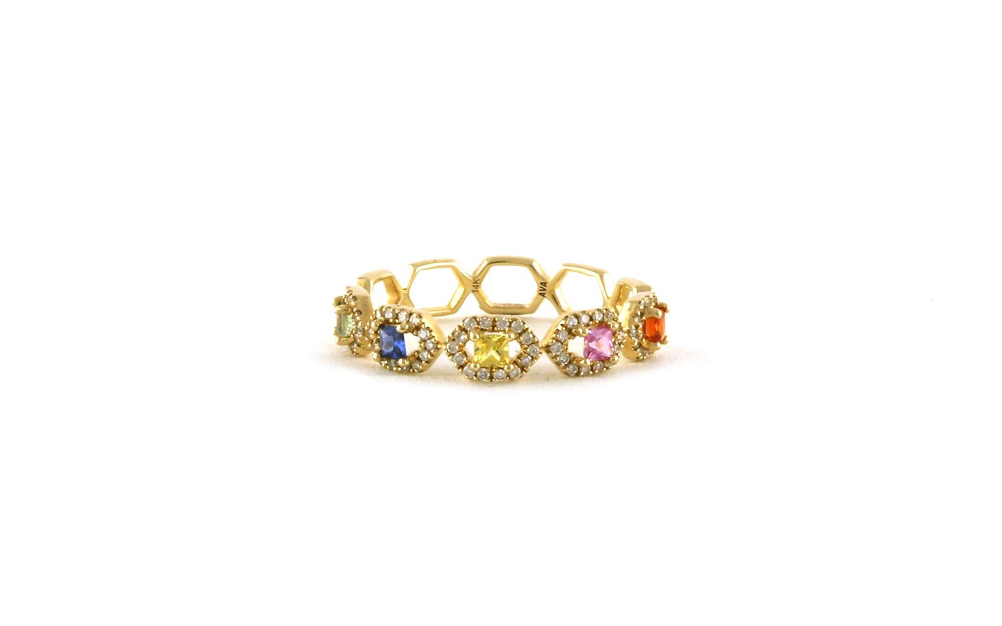 Halo-style Princess-cut Rainbow Colored Sapphire and Diamond Ring in Yellow Gold (0.88cts TWT)