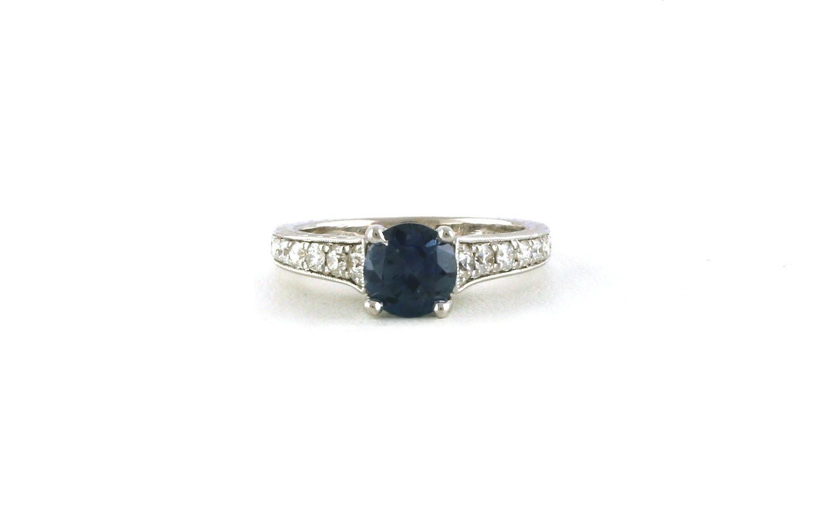 Estate Piece: Round Montana Sapphire Prong-set Ring with Pave Shank in White Gold (2.09cts TWT)