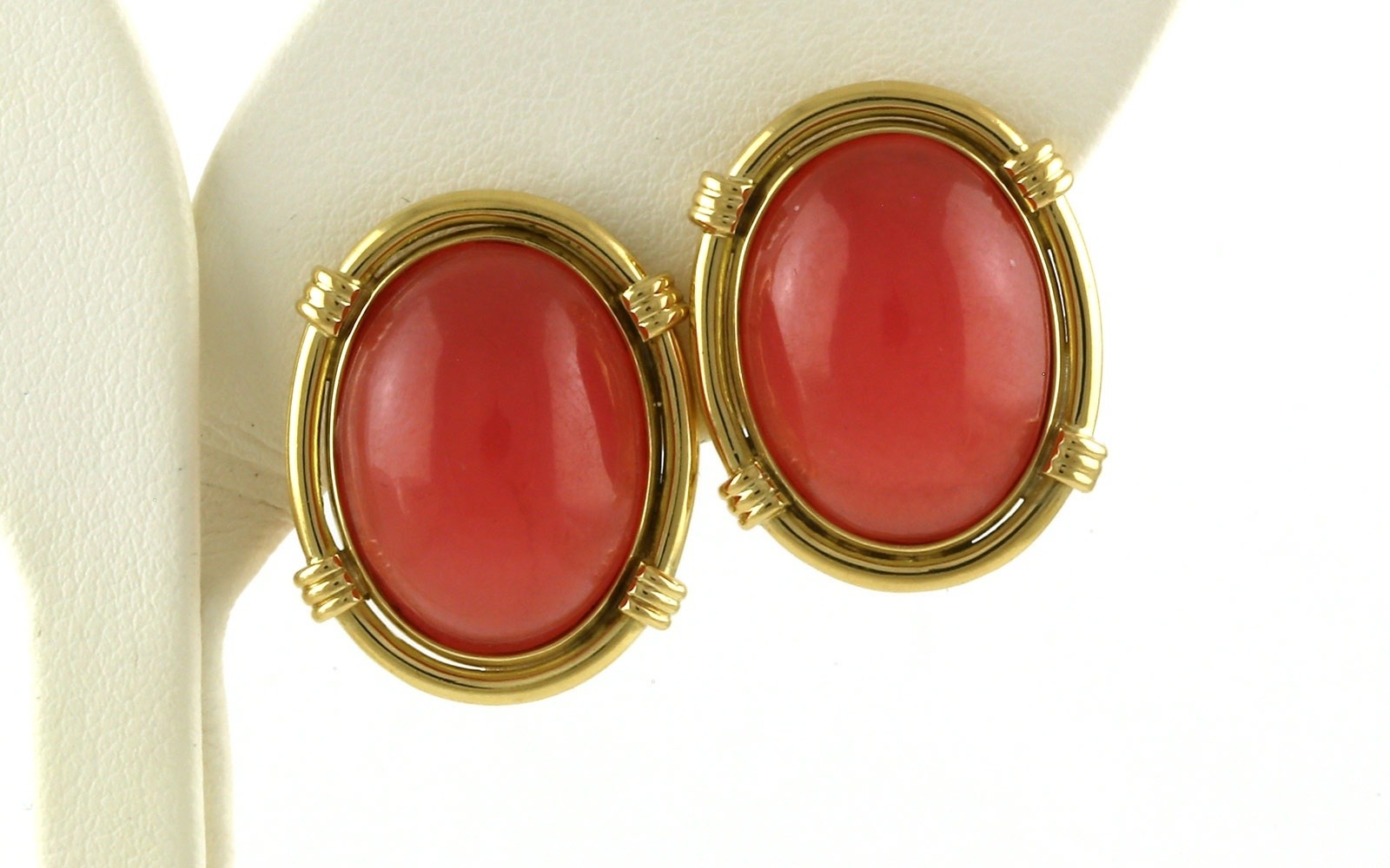 Estate Piece: Pink Jade Oval Cabochon Clip-On Earrings in Yellow Gold