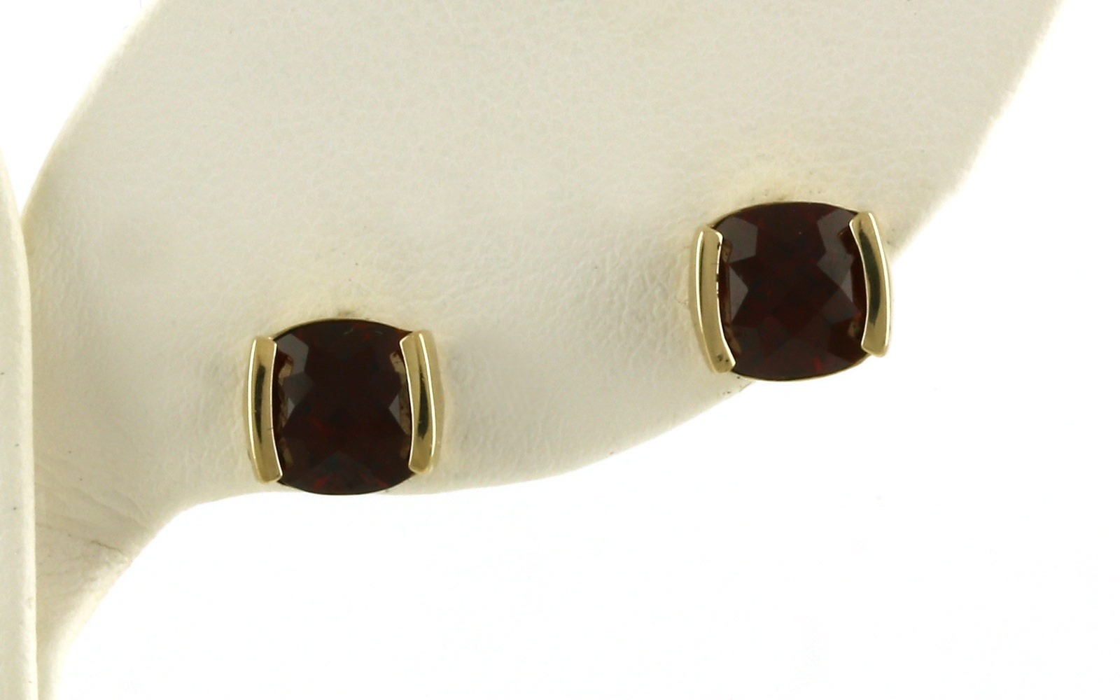 Estate Piece: Bezel-Set Checkerboard Cushion-Cut Garnet Stud Earrings in Yellow Gold