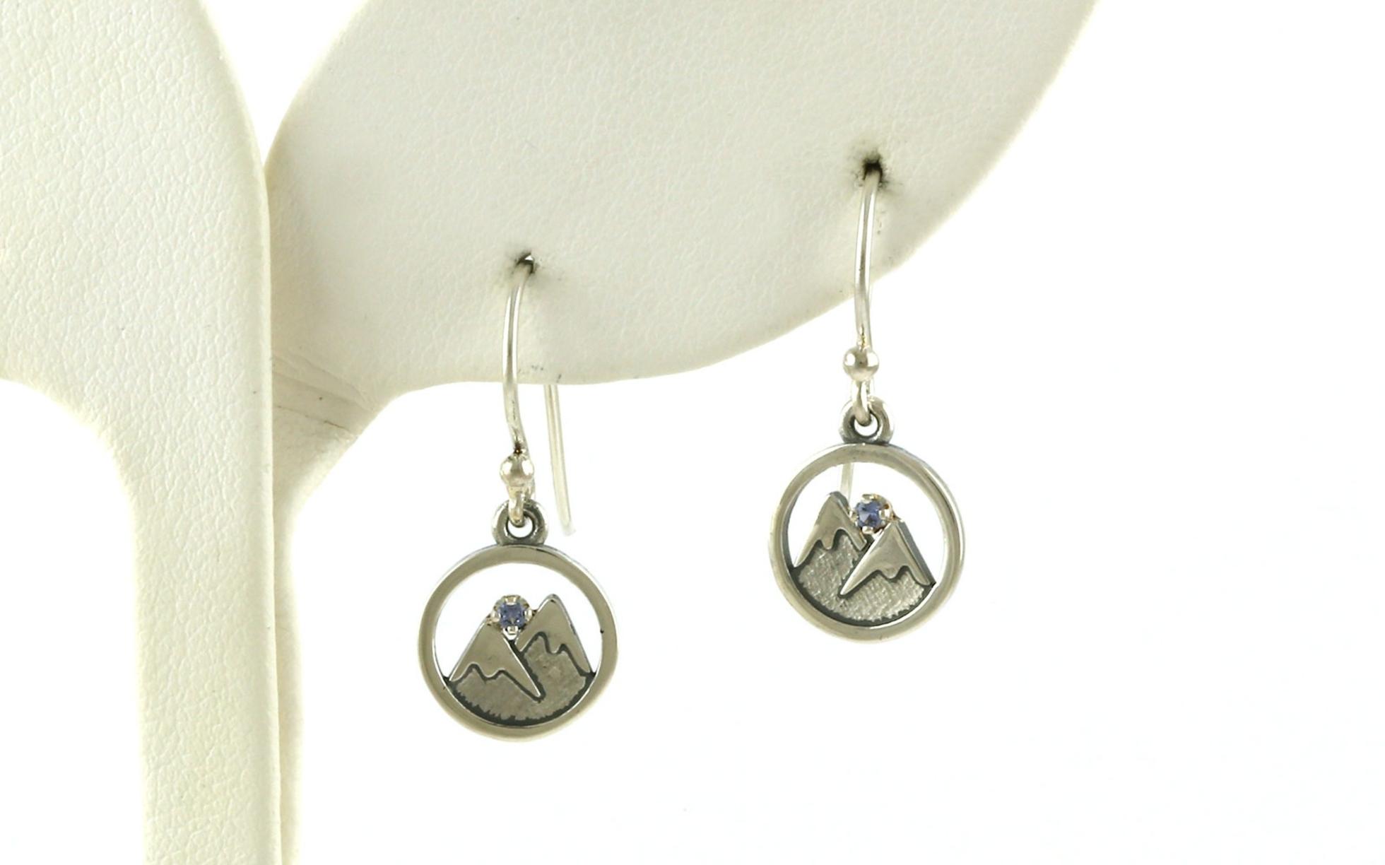 Circle Snowcap Mountain Silhouette Montana Yogo Sapphire Dangle Earrings in Sterling Silver (0.05cts TWT) 