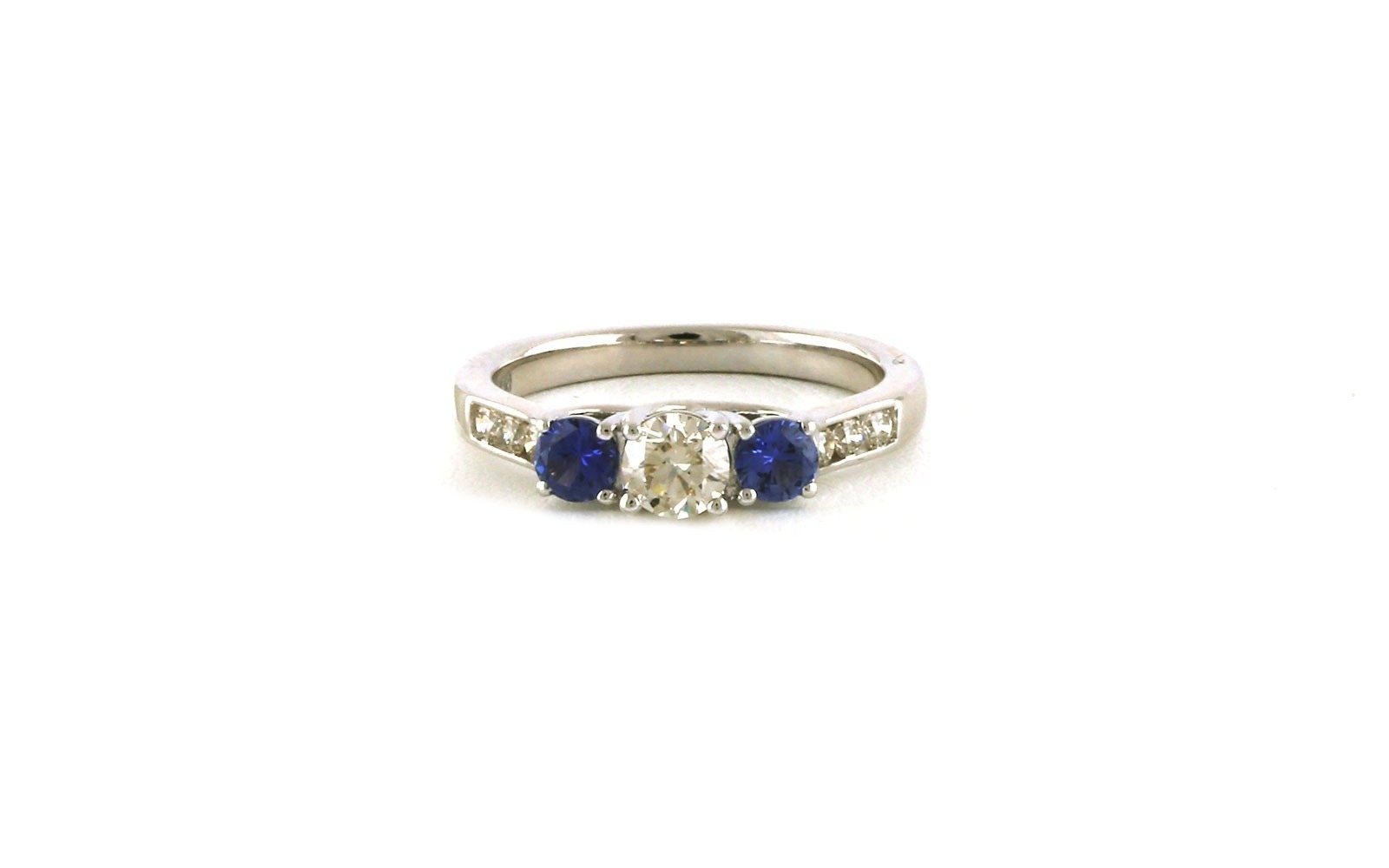 3-Stone Style Diamond and Montana Yogo Sapphire Ring with Channel-set Diamond Accents in White Gold (1.10ct TWT)