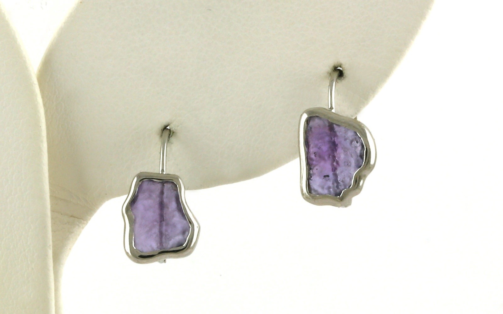Bezel-set Raw Un-cut Flat Huckleberry Sapphire Earrings with Leverbacks in White Gold (1.42cts TWT)