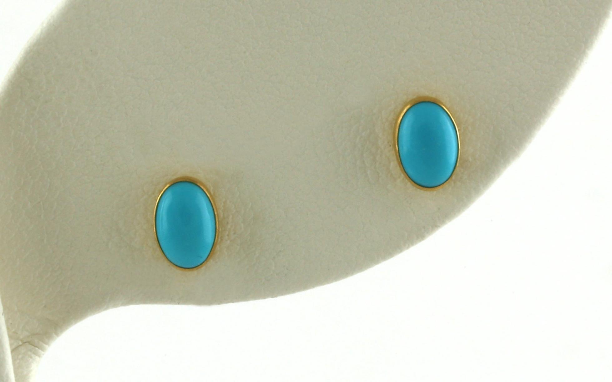 Bezel-set Oval Cabochon Turquoise Stud Earrings in Yellow Gold 