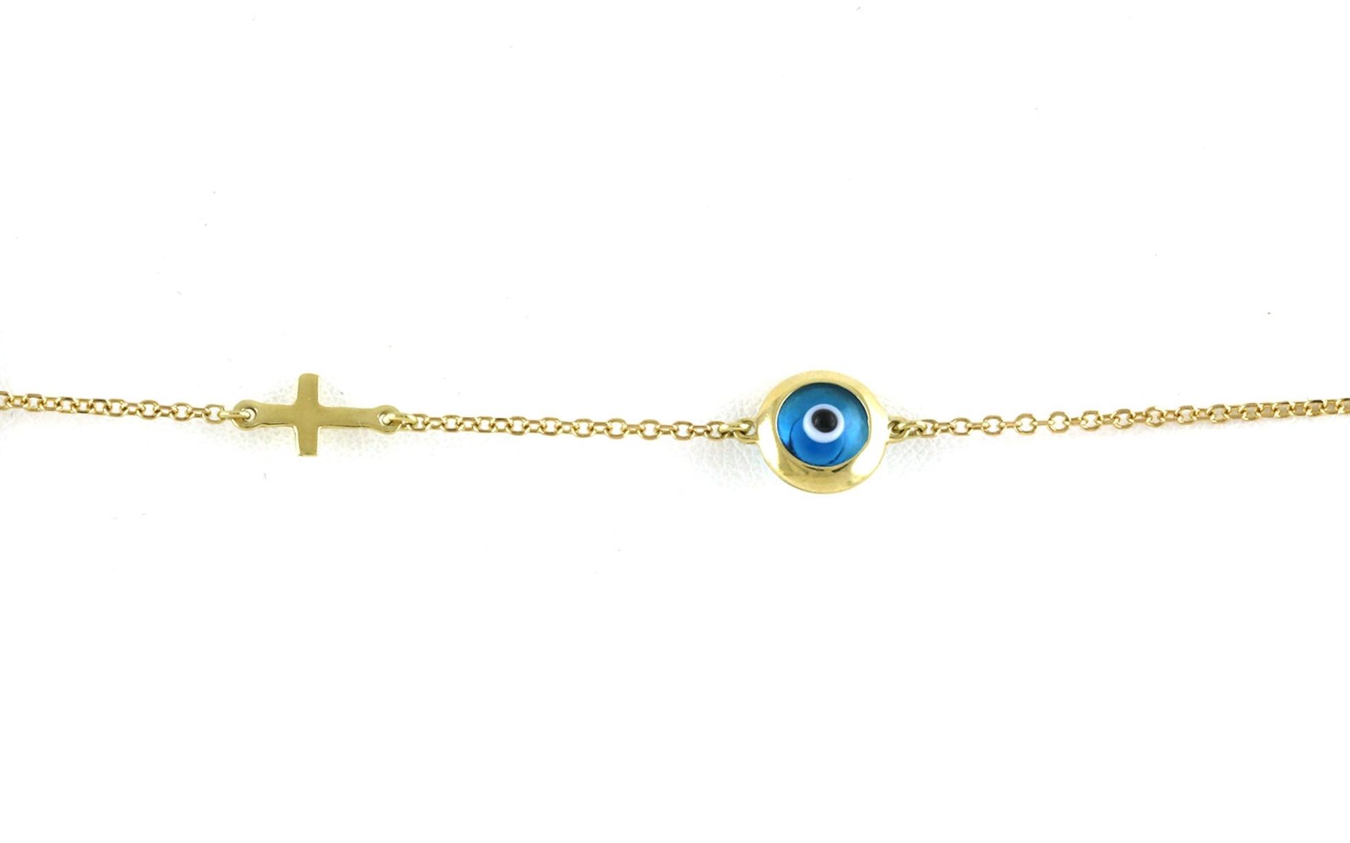 Estate Piece: Cross and Glass Evil Eye Bead Bracelet in Yellow Gold