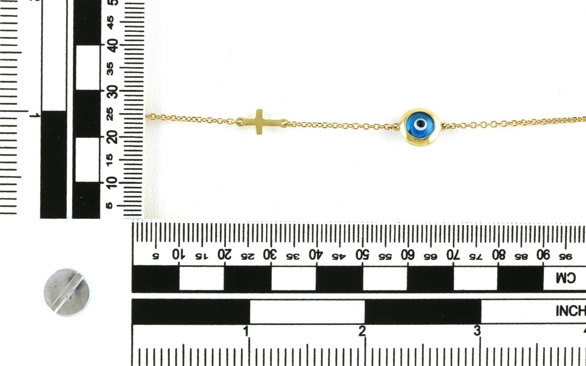 Estate Piece: Cross and Glass Evil Eye Bead Bracelet in Yellow Gold