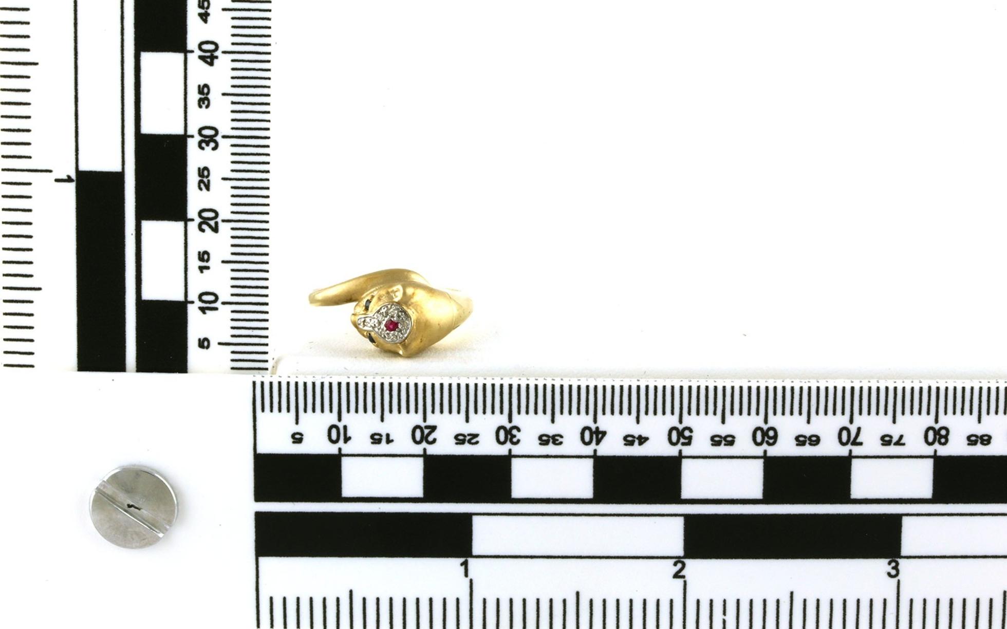 Estate Piece: Cat Diamond, Ruby, and Sapphire Ring in Yellow Gold (0.08CTS TWT) Scale
