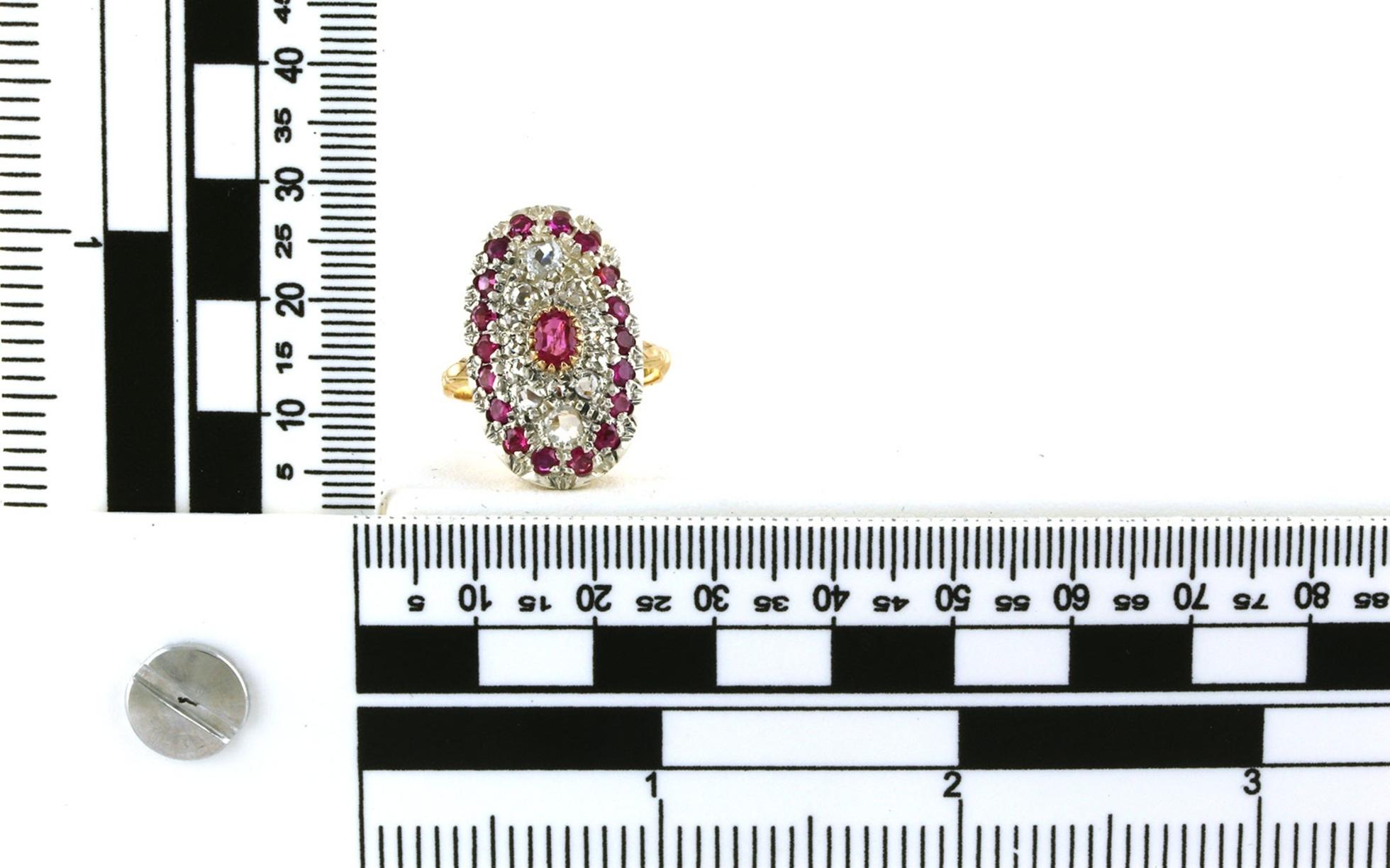 Estate Piece: Large Oval Cluster Ruby and Diamond Ring in Two-tone Yellow Gold and Sterling Silver scale