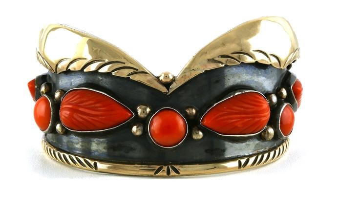 content/products/Estate Piece: 7-Stone Carved Coral Cuff Bracelet with Antiqued Finish in Sterling Silver and Yellow Gold