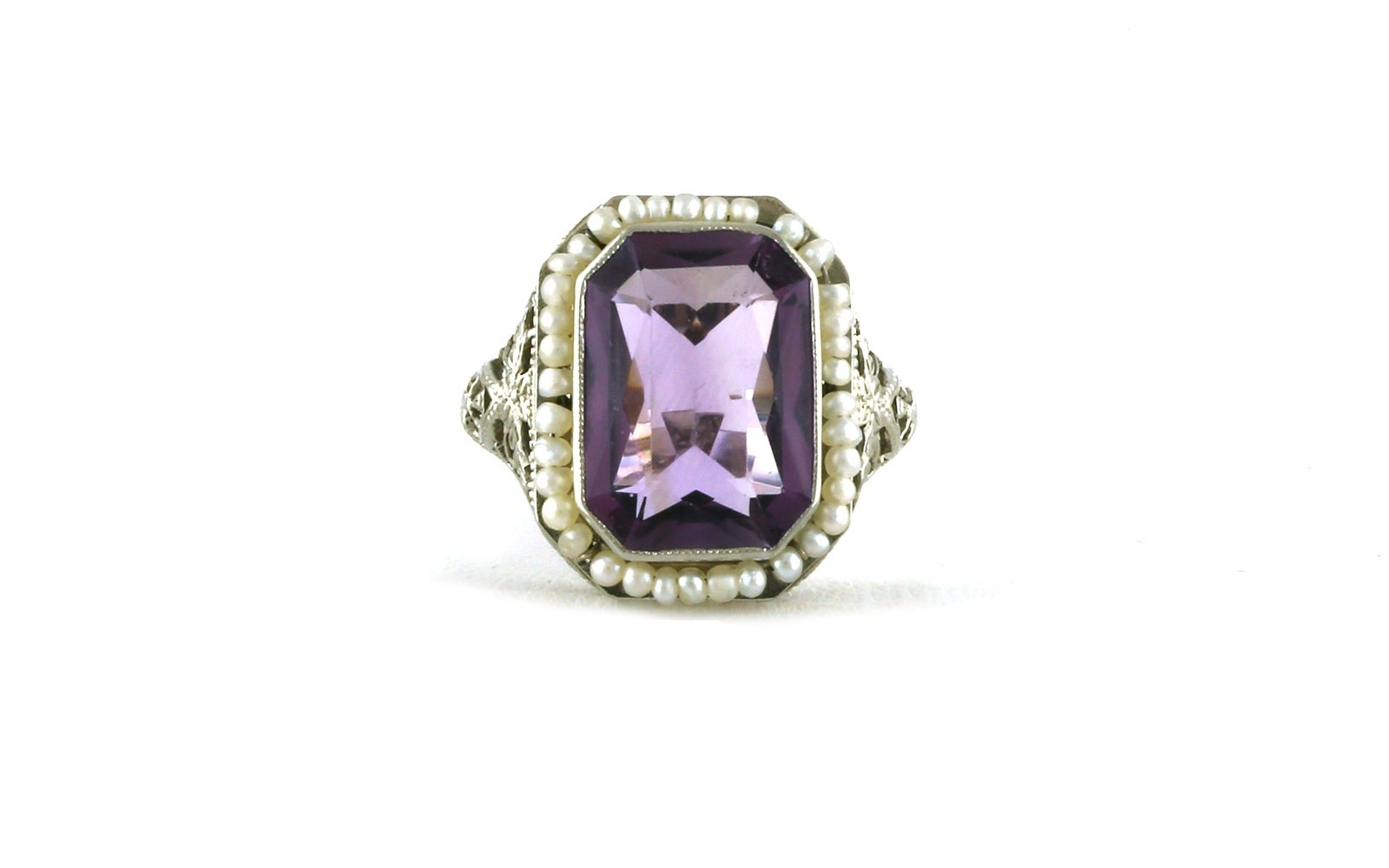 Estate Piece: Pearl Halo Emerald-cut Amethyst Cocktail Ring with Filigree Details in White Gold