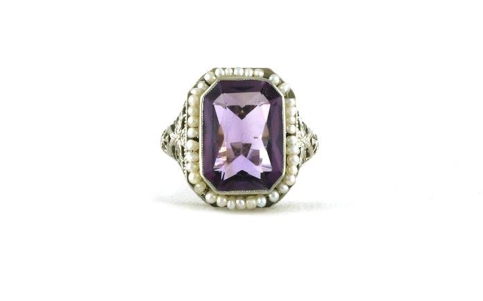 content/products/Estate Piece: Pearl Halo Emerald-cut Amethyst Cocktail Ring with Filigree Details in White Gold