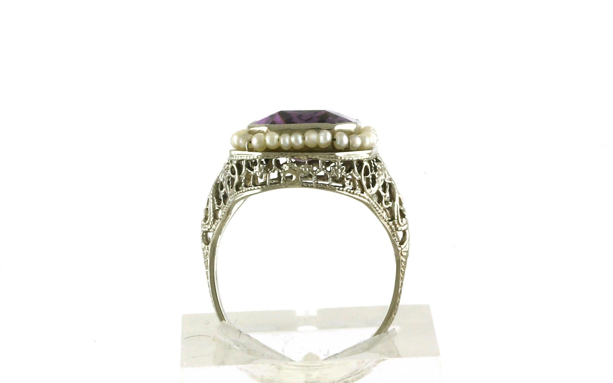 Estate Piece: Pearl Halo Emerald-cut Amethyst Cocktail Ring with Filigree Details in White Gold side