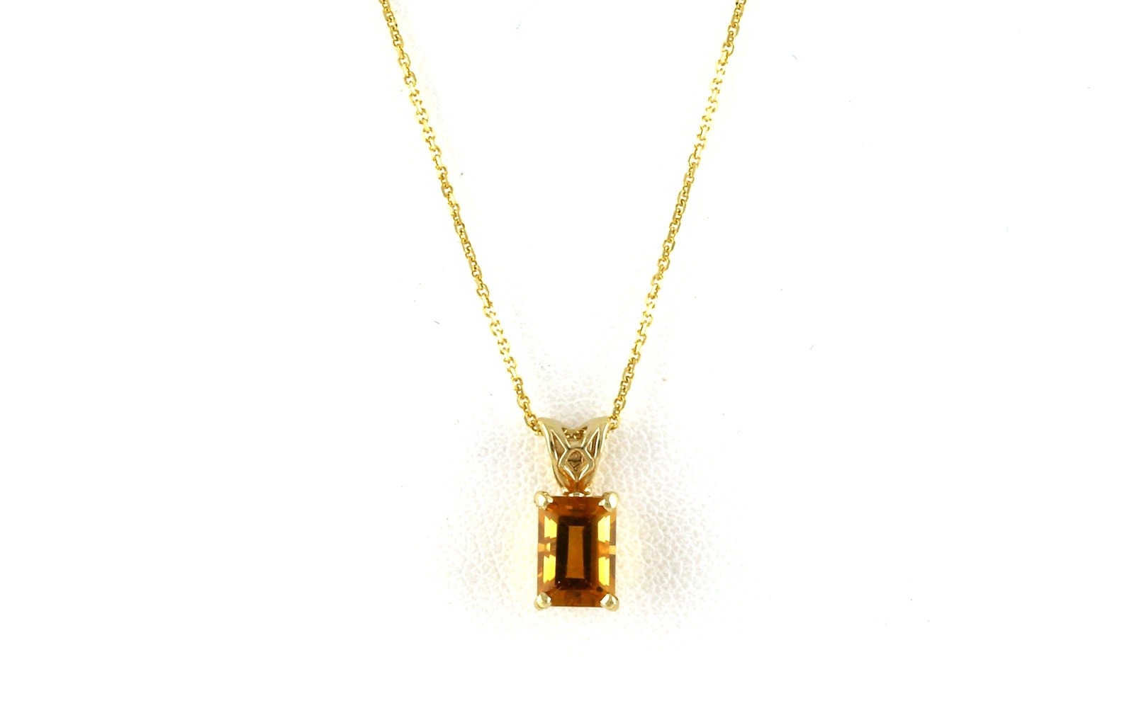 Estate Piece: Solitaire-style Emerald-cut Citrine Necklace with Scroll Detail on Bail in Yellow Gold