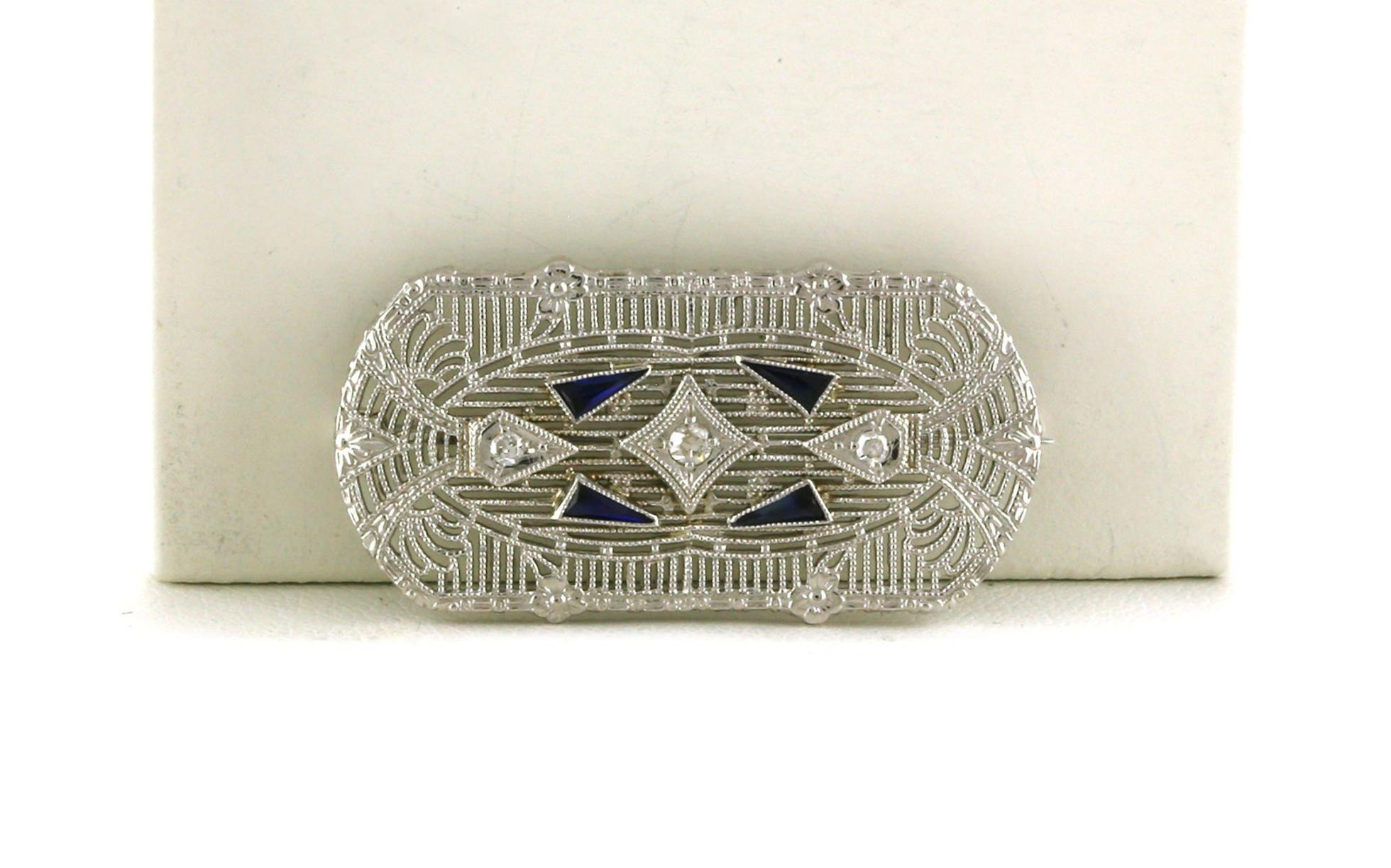 Estate Piece: Filigree Diamond and Lab Grown Sapphire Pin/Brooch in White Gold
