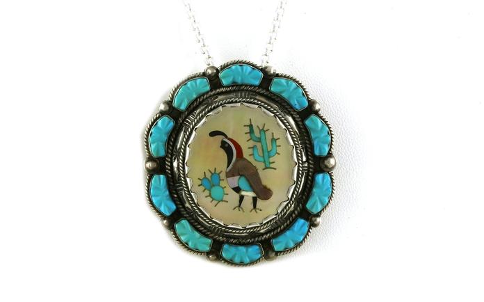 content/products/Estate Piece: Pheasant Desert Scene Inlayed Turquoise, Onyx, Coral, and Mother of Pearl Pin-Pendant in Sterling Silver