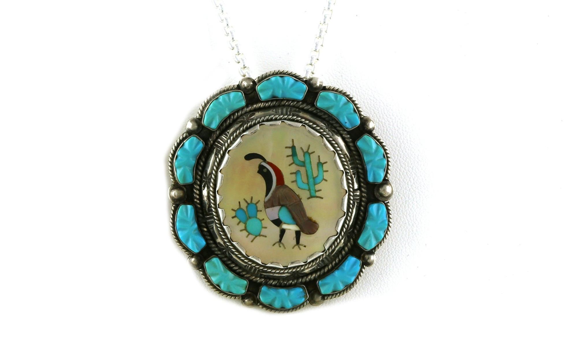 Estate Piece: Pheasant Desert Scene Inlayed Turquoise, Onyx, Coral, and Mother of Pearl Pin-Pendant in Sterling Silver