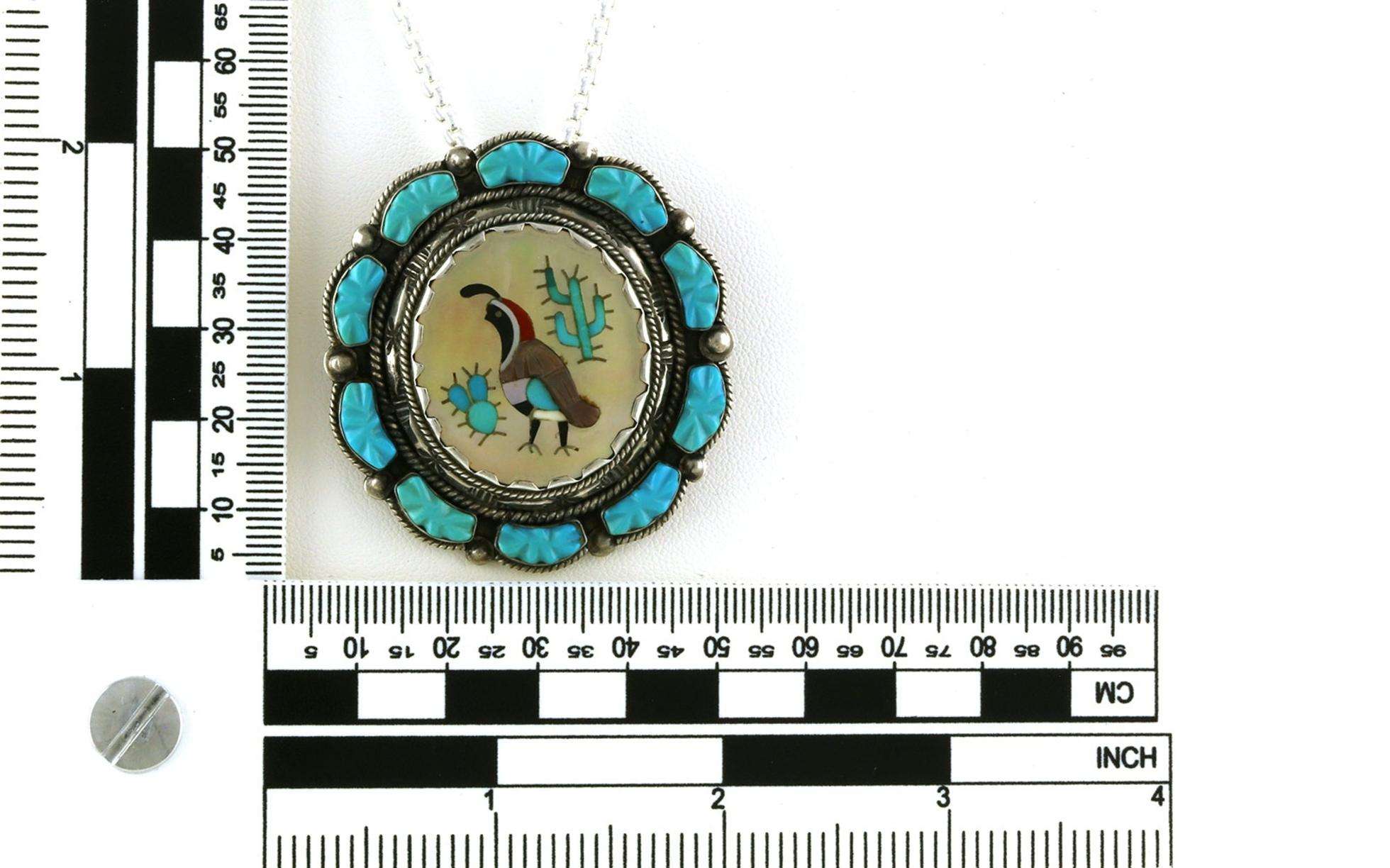 Estate Piece: Pheasant Desert Scene Inlayed Turquoise, Onyx, Coral, and Mother of Pearl Pin-Pendant in Sterling Silver scale