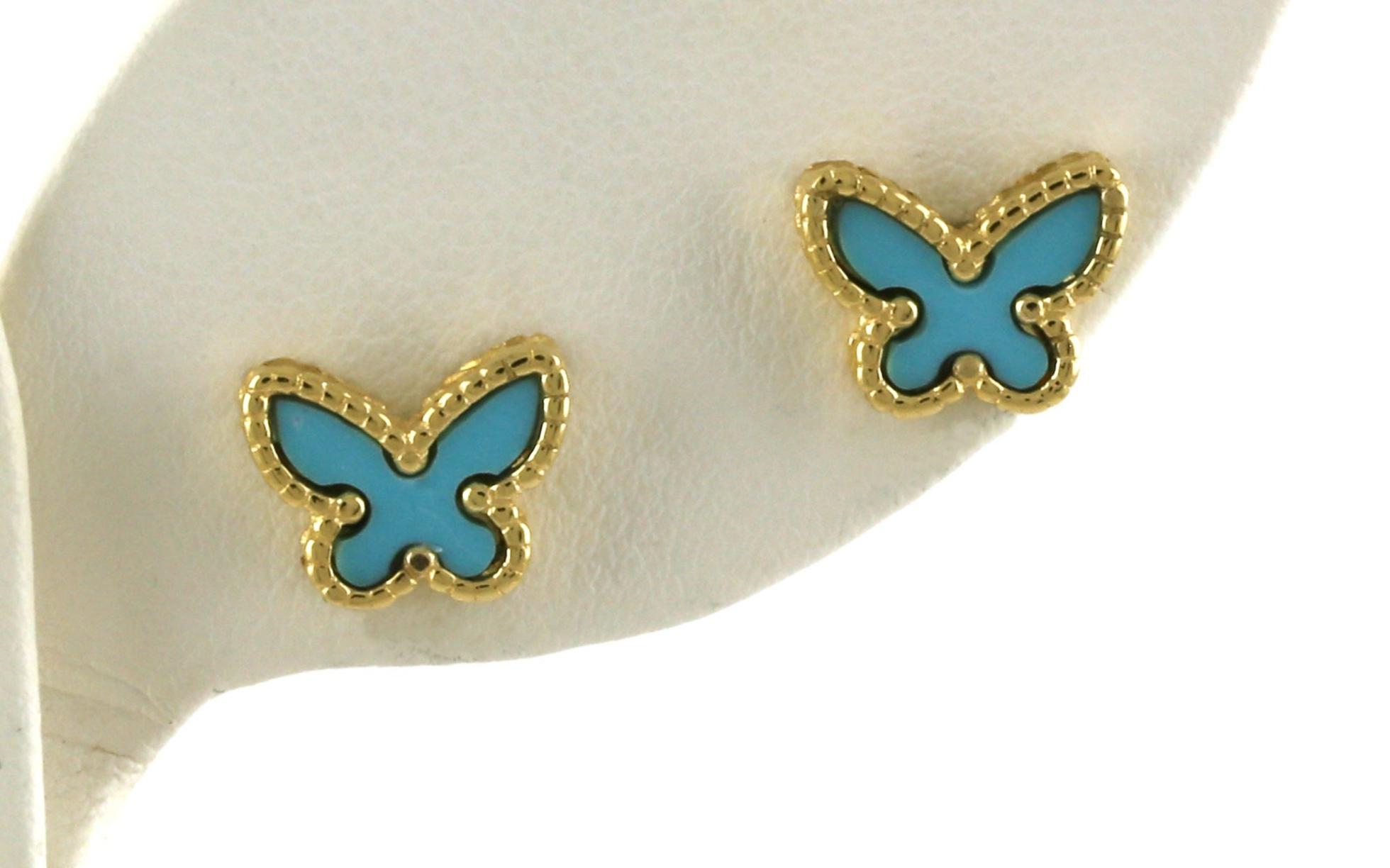 Butterfly Turquoise Stud Earrings with Rope Edge Detail in Yellow Gold 