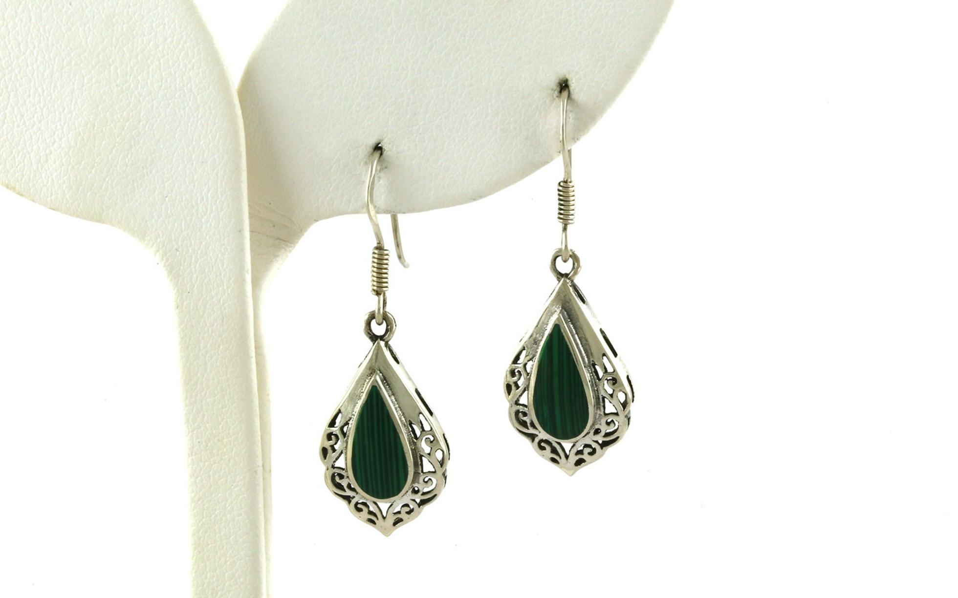 Estate Piece: Loopy Filigree Pear Malachite Dangle Earrings in Sterling Silver