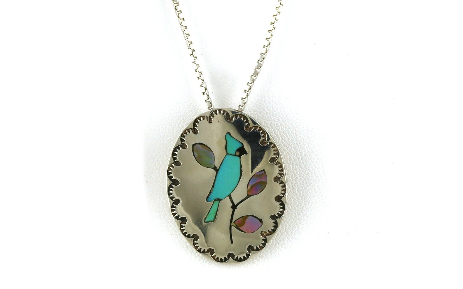 Estate Piece: Blue Jay Inlayed Turquoise, and Mother of Pearl Necklace in Sterling Silver