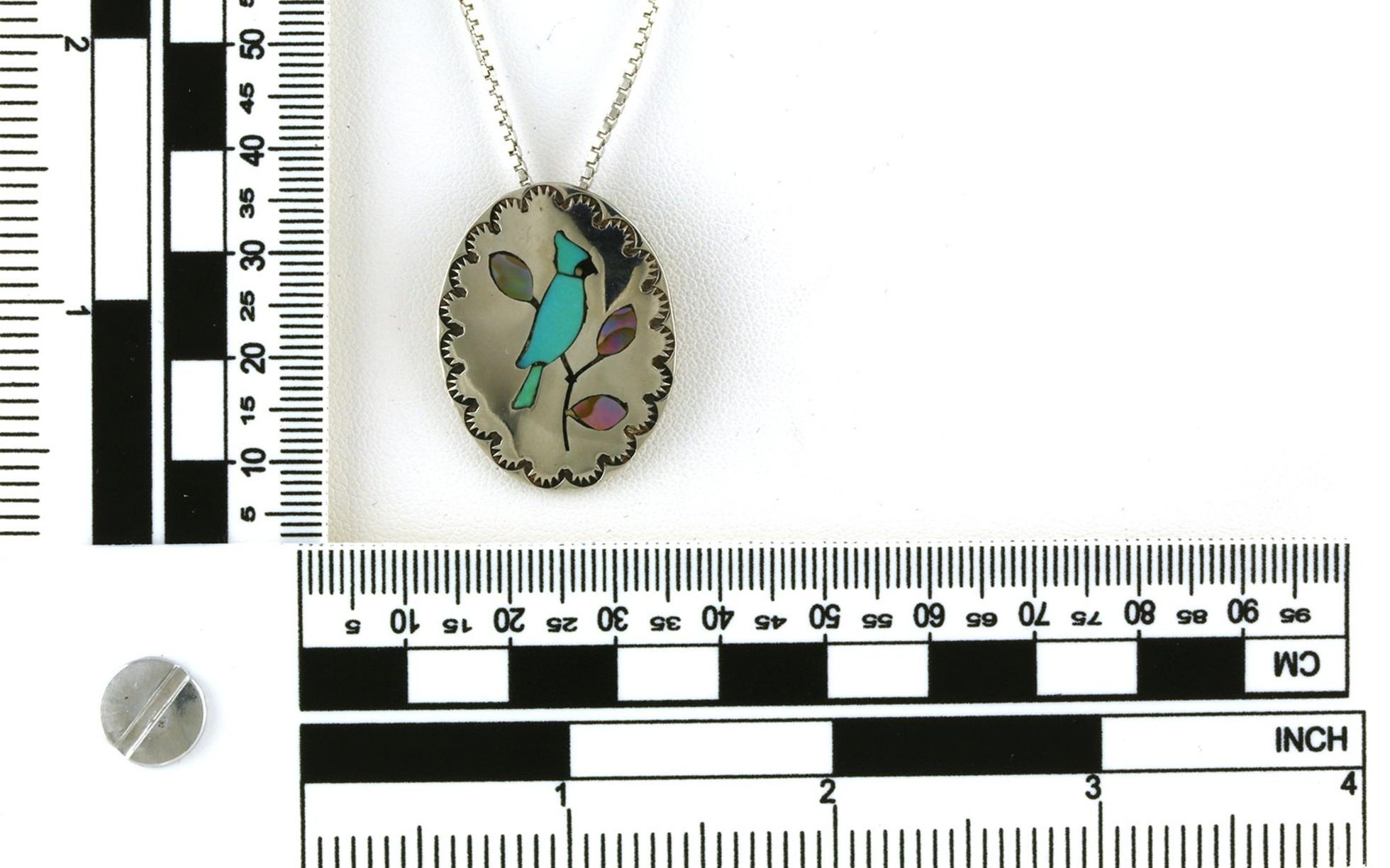 Estate Piece: Blue Jay Inlayed Turquoise, and Mother of Pearl Necklace in Sterling Silver scale