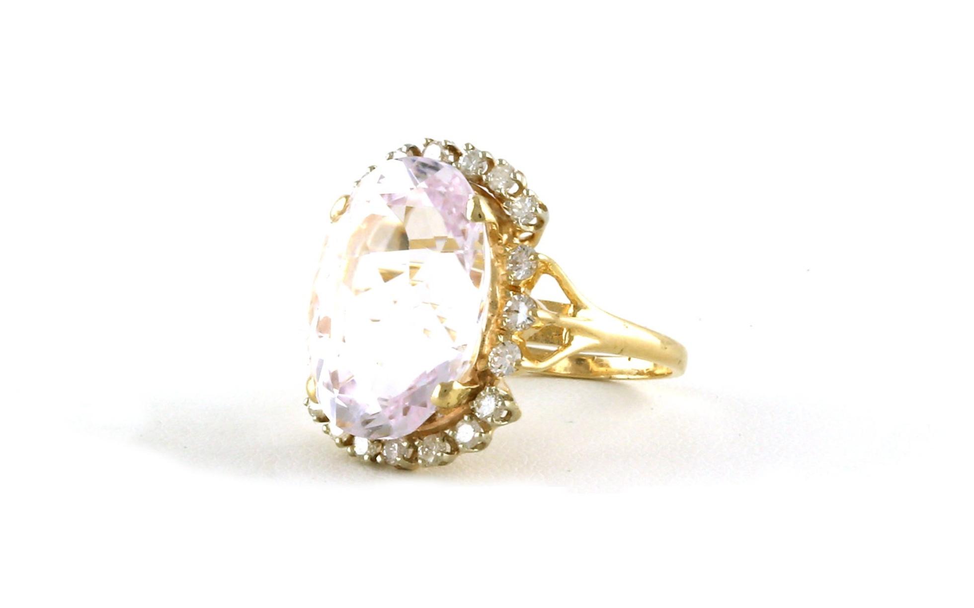 Estate Piece: Halo-style Oval-cut Kunzite and Diamond Cocktail Ring in Yellow Gold (15.75cts TWT) angled