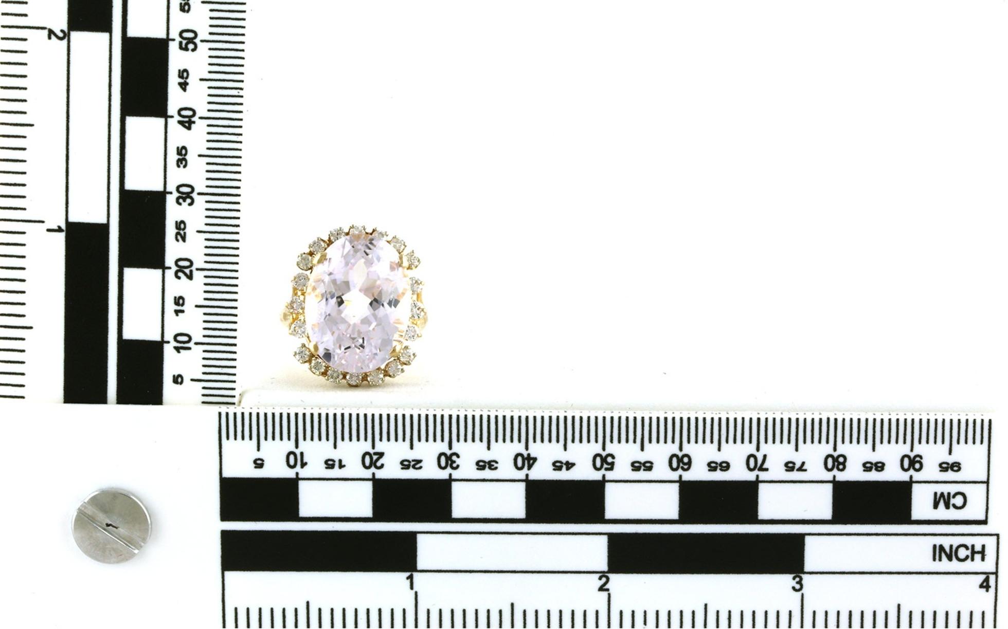 Estate Piece: Halo-style Oval-cut Kunzite and Diamond Cocktail Ring in Yellow Gold (15.75cts TWT) scale