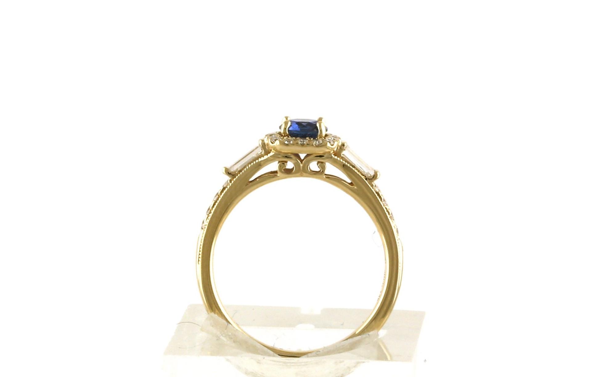 Cushion-Halo Montana Yogo Sapphire and Baguette-cut Diamond Ring in Yellow Gold side