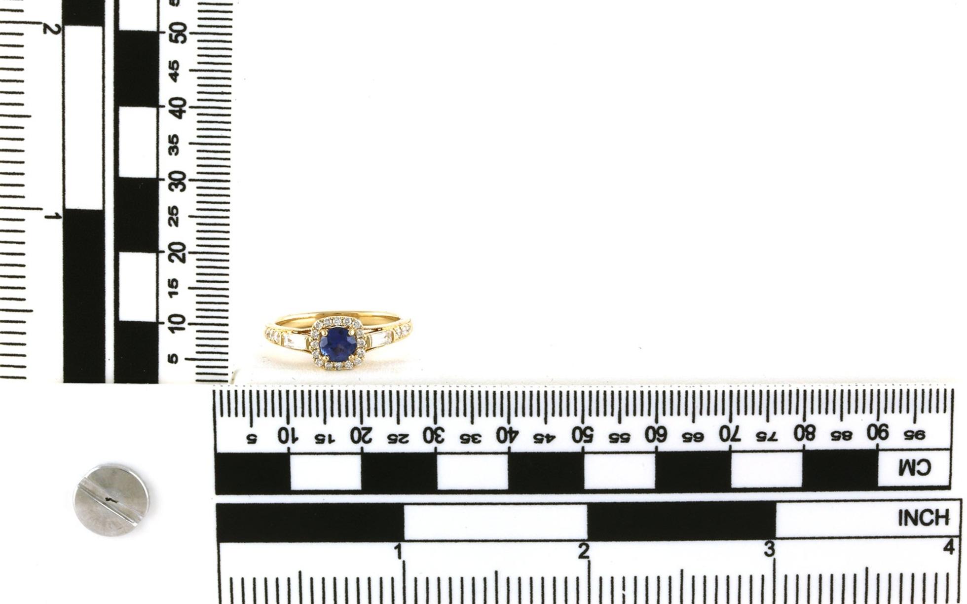 Cushion-Halo Montana Yogo Sapphire and Baguette-cut Diamond Ring in Yellow Gold scale