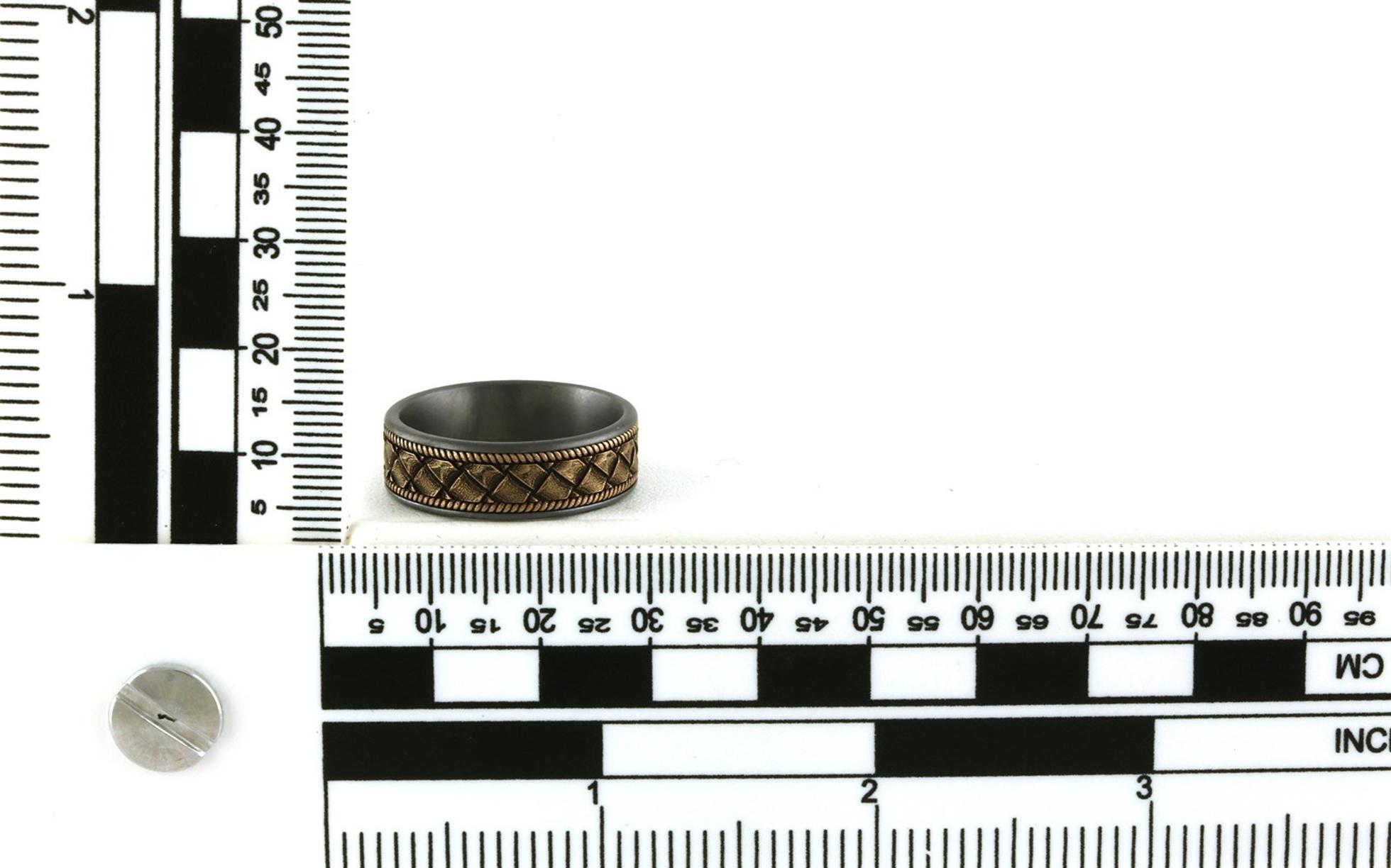 Flat Comfort Fit Basket Weave Wedding Band in Yellow Gold Center and Grey Tantalum Edge (sz 10) scale