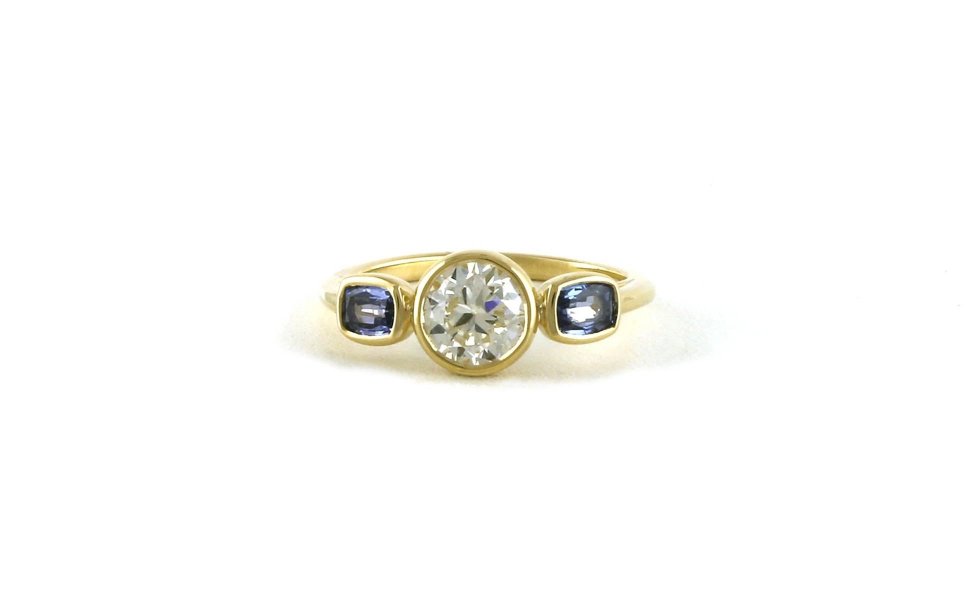 Bezel-set 3-stone Diamond and cushion-cut Montana Yogo Sapphire ring in yellow gold (1.52cts TWT)