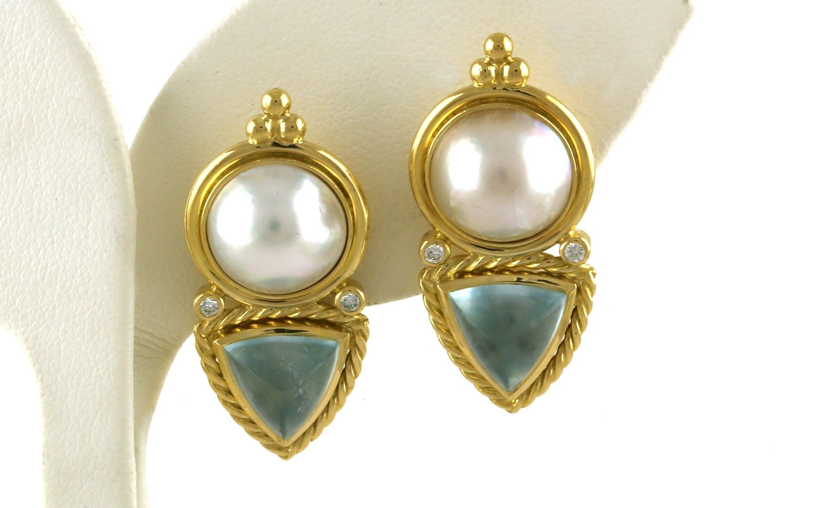 Estate Piece Two-Tone Aquamarine and Mabe' Pearl Diamond Earrings with Omega Back (0.08ctw TWT)