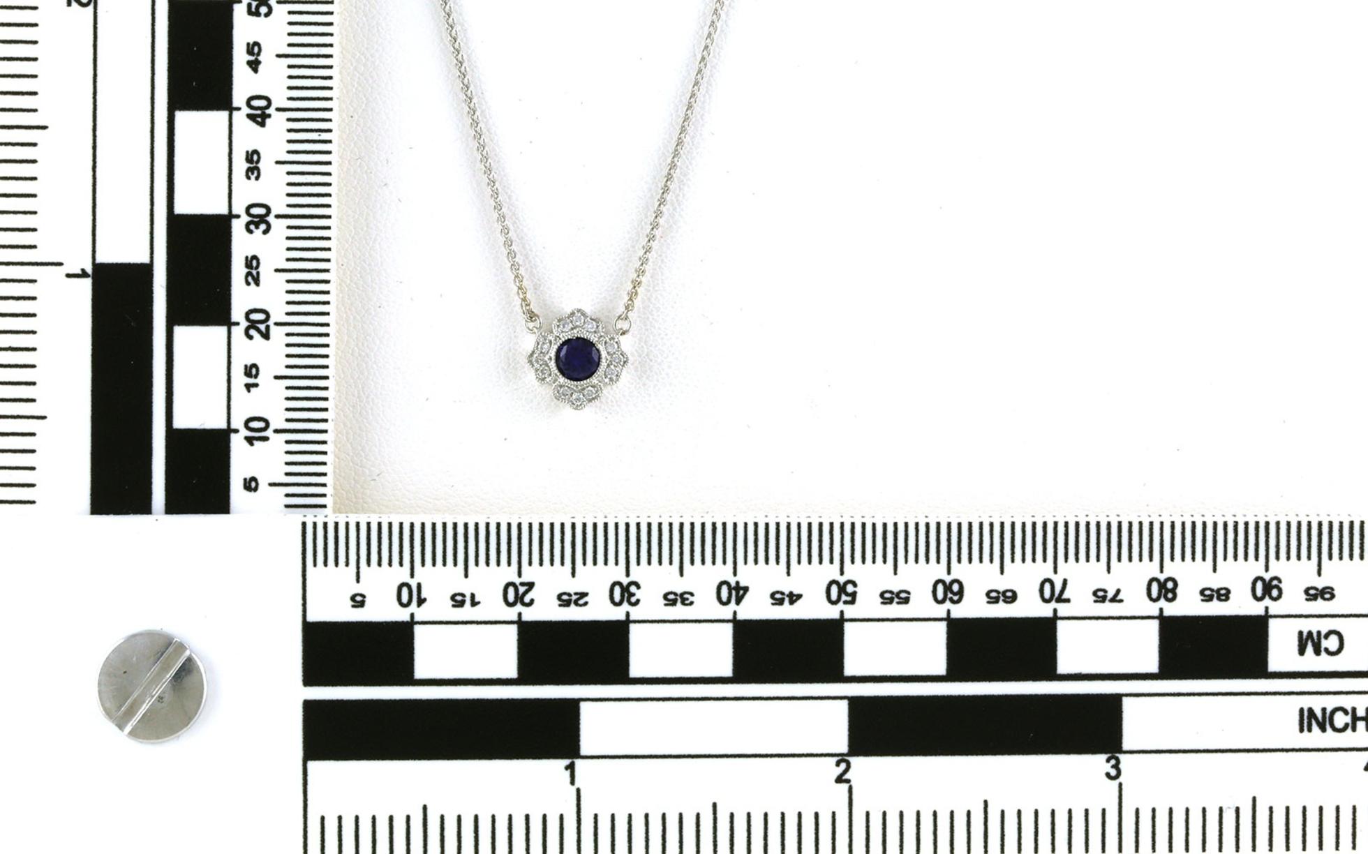 Vintage Style Halo Huckleberry Montana Yogo Sapphire and Diamond Necklace on White Gold (0.32ctw TWT) scale