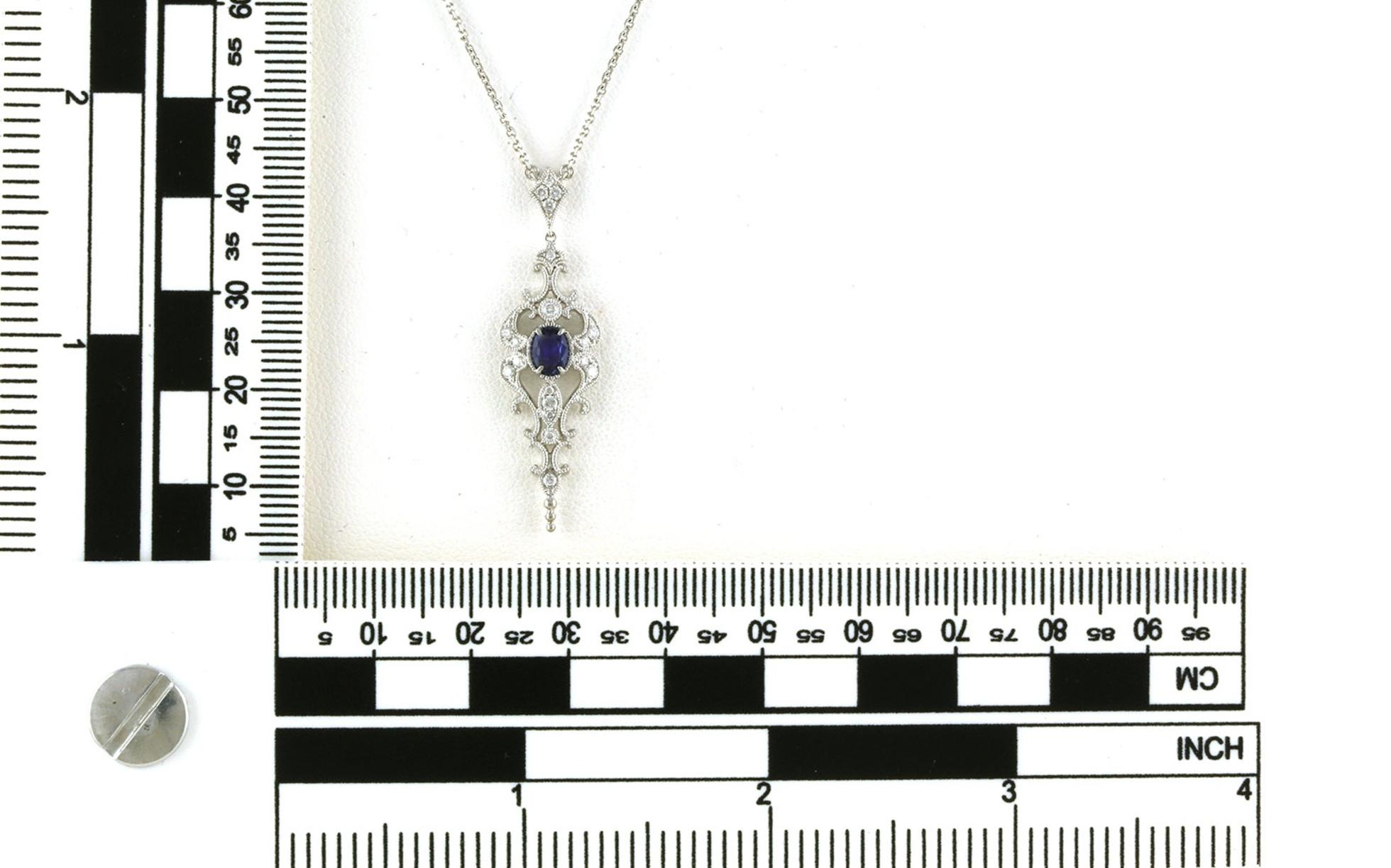 Antique Style Drop Montana Yogo Sapphire and Diamond Necklace in White Gold (0.52cts TWT) scale