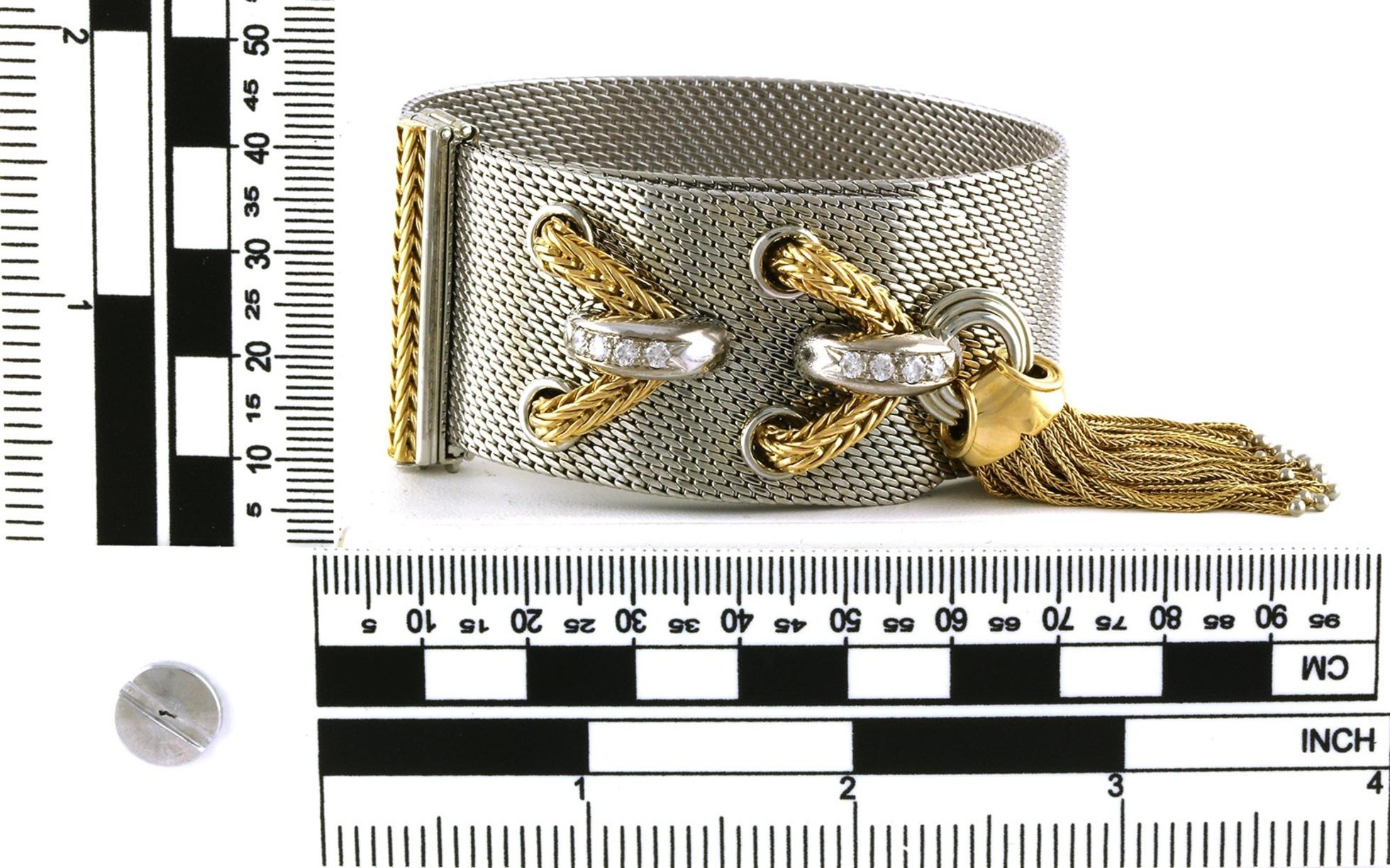 Estate Piece Belt & Tassel Diamond Two Tone Bracelet in White and Yellow Gold (0.50cts TWT) scale