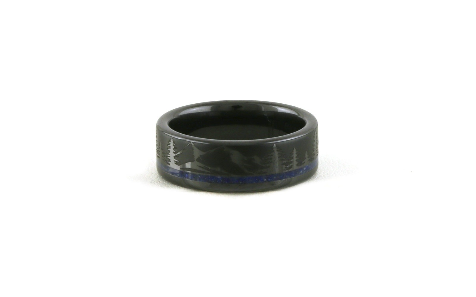 Blue Lapis Inlay with Flat Mountain Etching Wedding Band in Black Ceramic