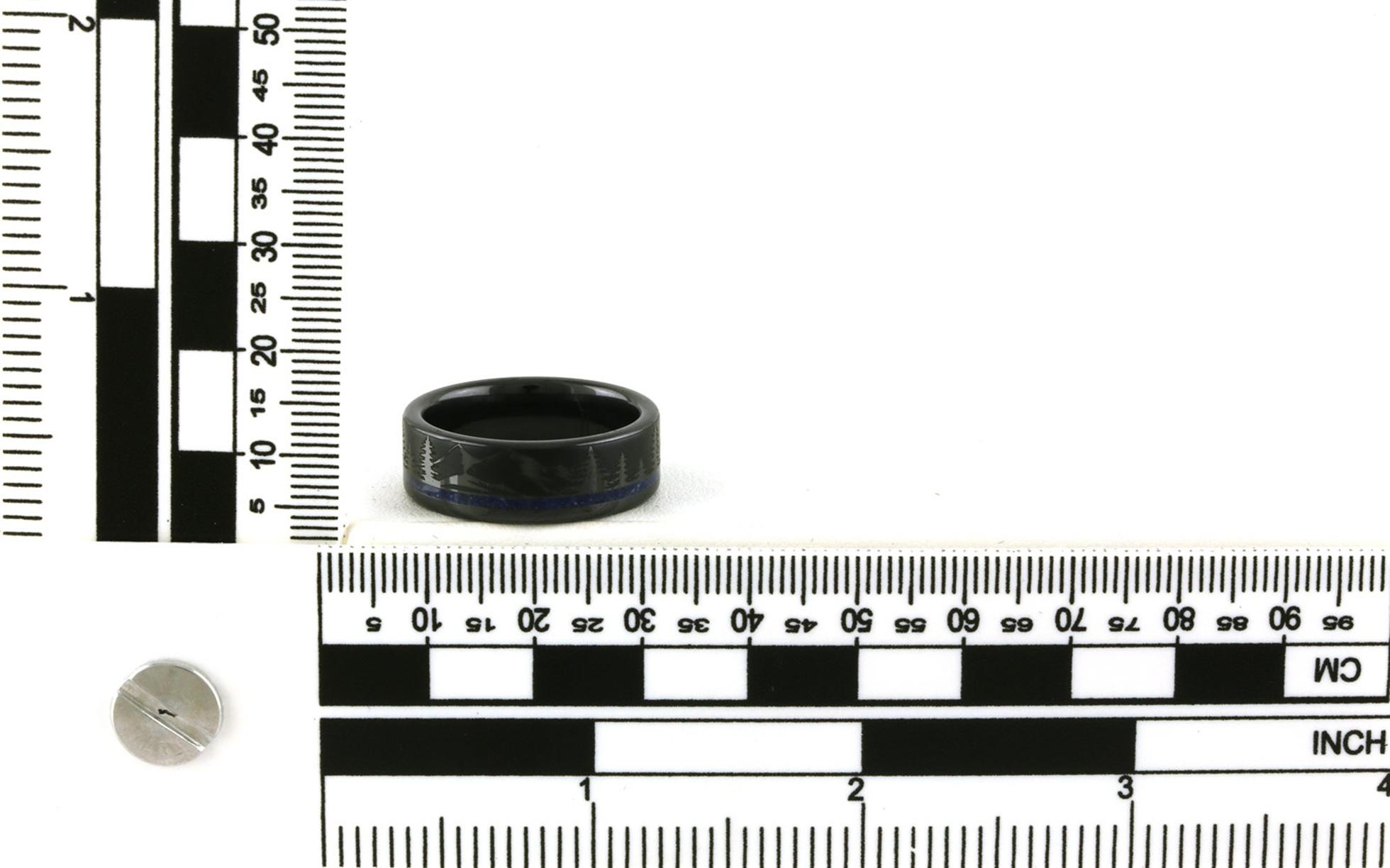 Blue Lapis Inlay with Flat Mountain Etching Wedding Band in Black Ceramic scale