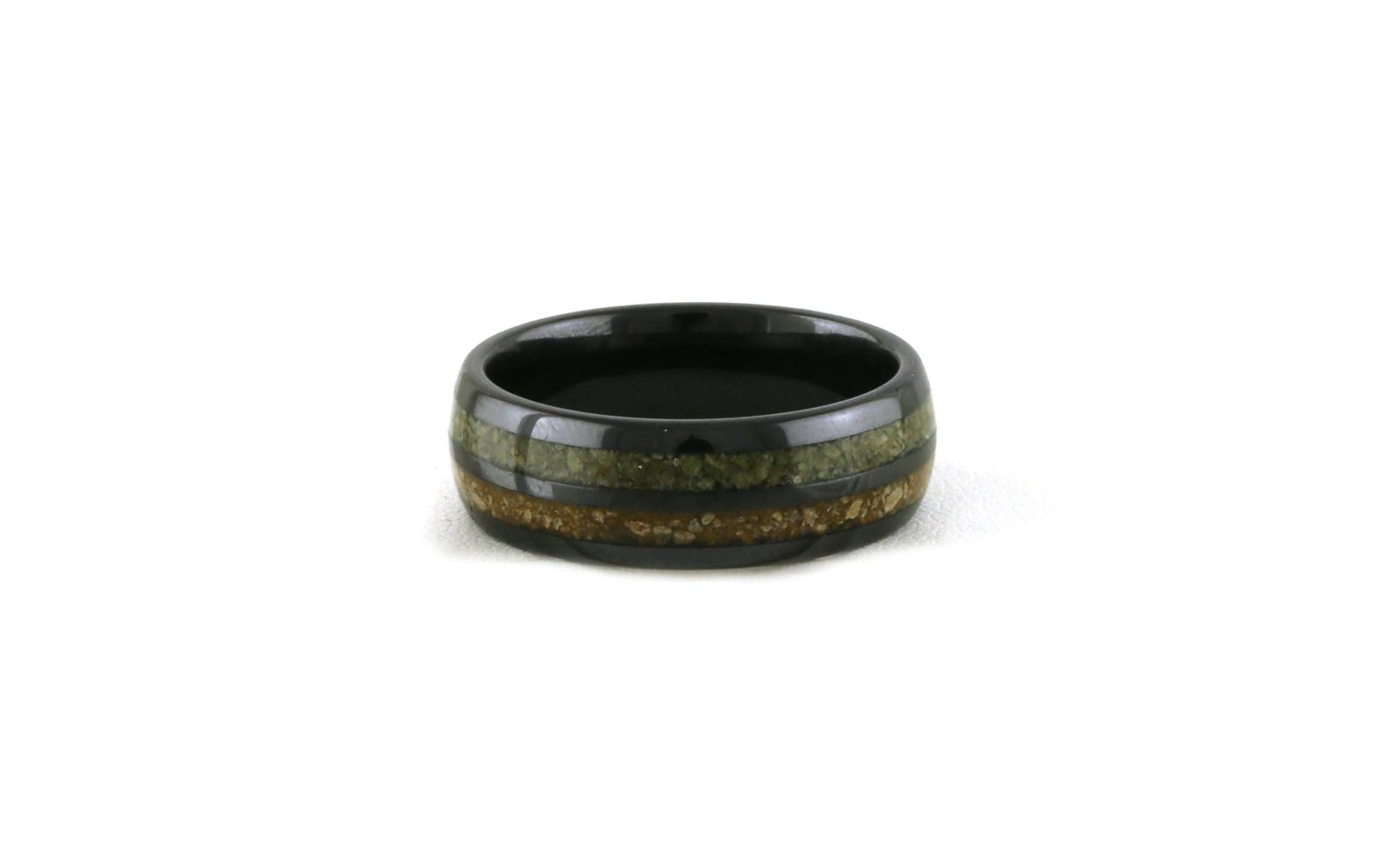 Green/Brown Dinosaur Bone Inlay Domed Wedding Band in Black Ceramic