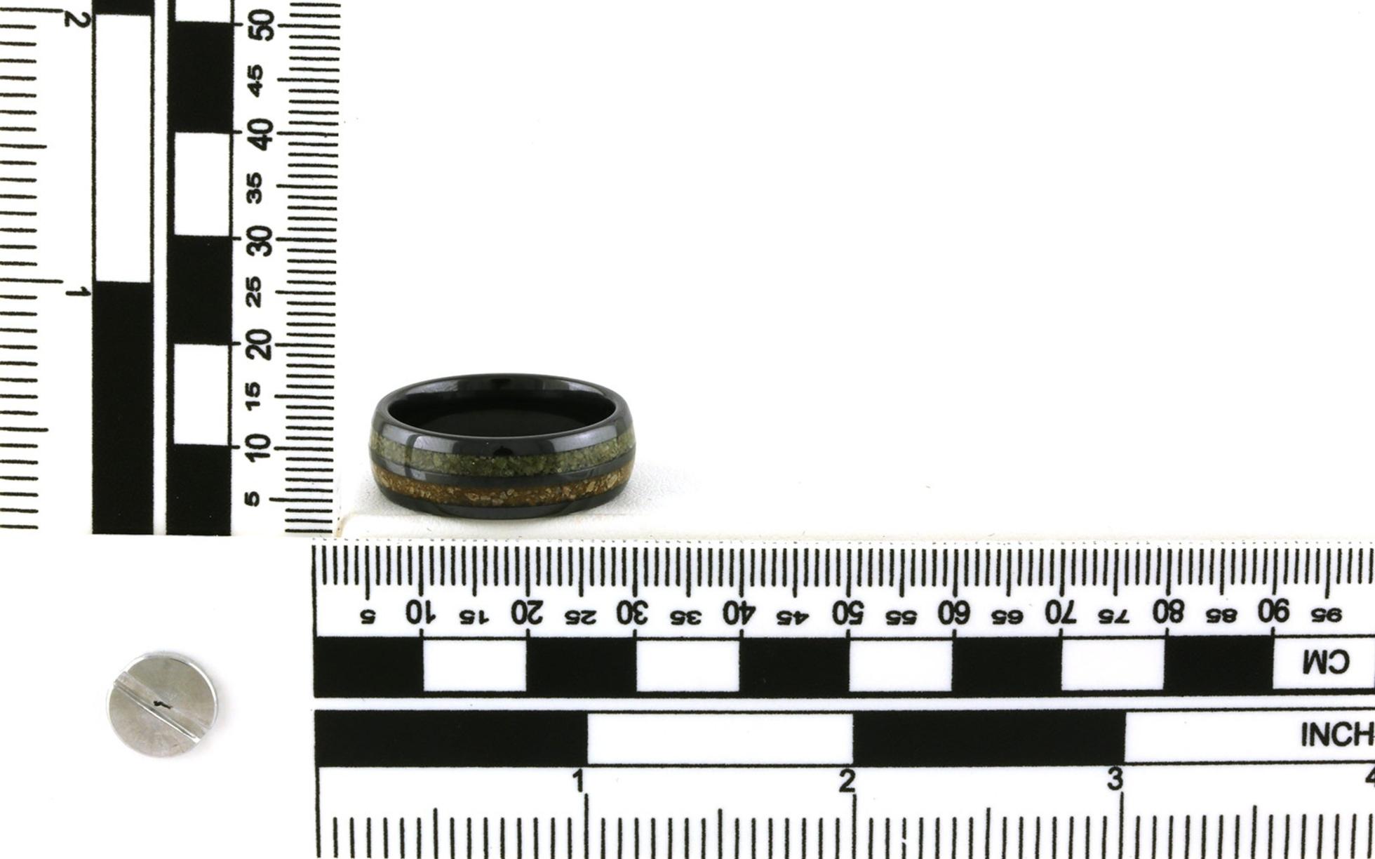 Green/Brown Dinosaur Bone Inlay Domed Wedding Band in Black Ceramic scale