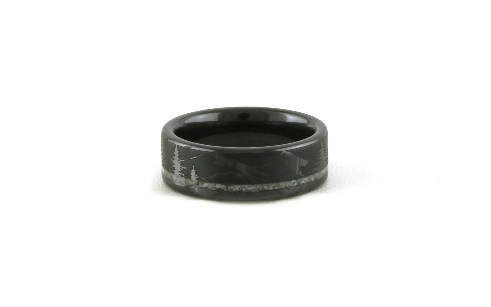 Elk Ivory Inlay Flat Mounting Pine Design Wedding Band in Black Ceramic