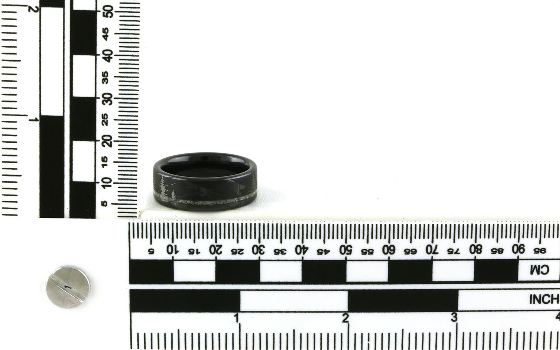 Elk Ivory Inlay Flat Mounting Pine Design Wedding Band in Black Ceramic scale