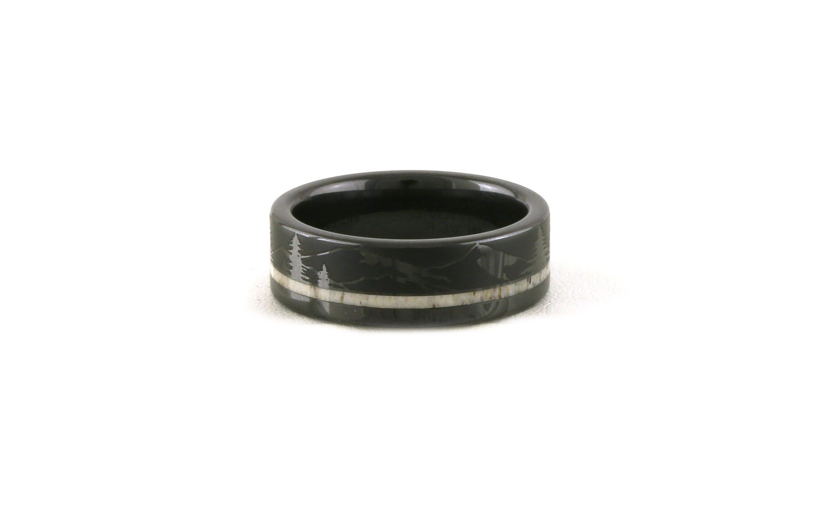 Antler Inlay with Flat Mountain Pine Design Wedding Band in Black Ceramic