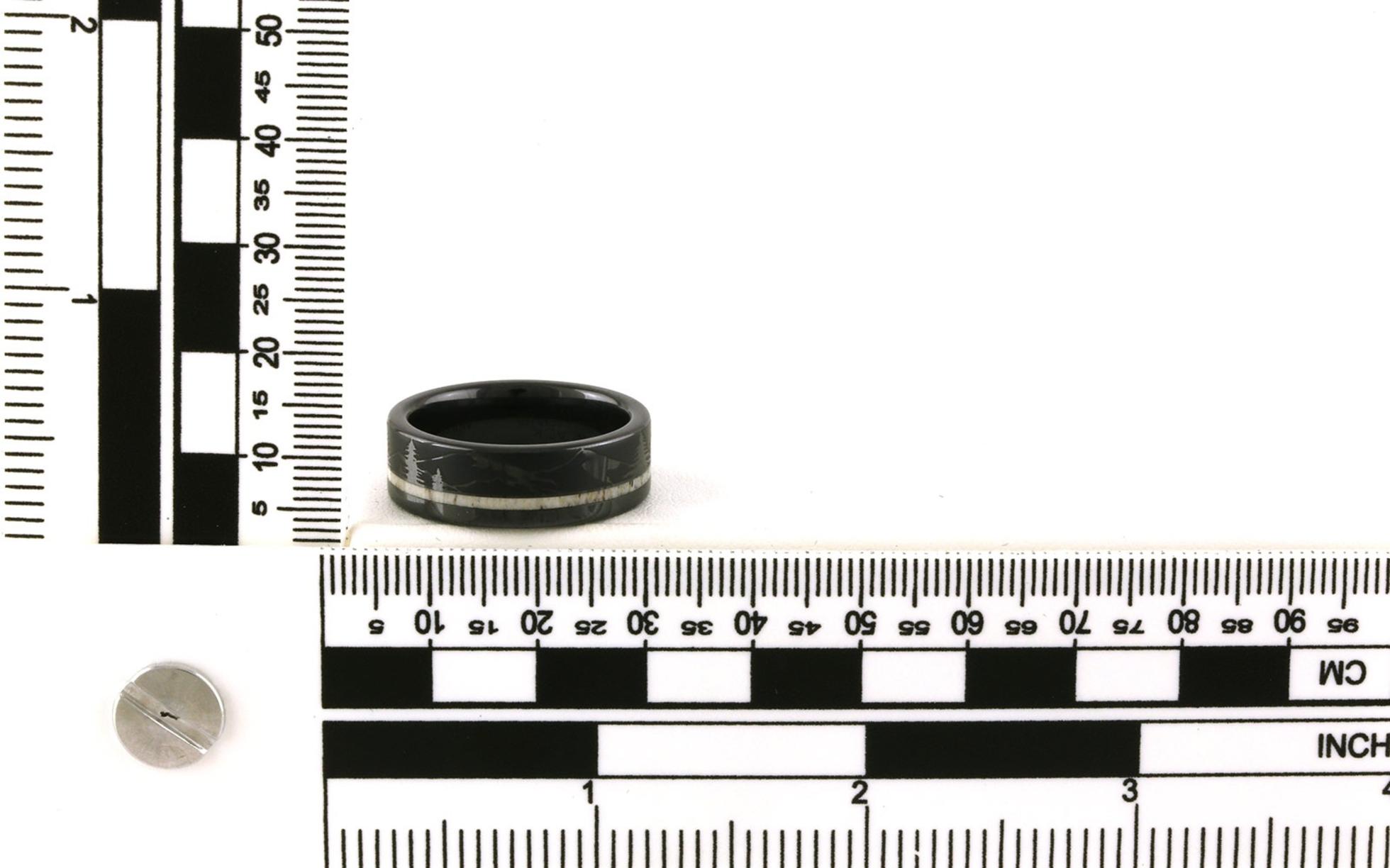 Antler Inlay with Flat Mountain Pine Design Wedding Band in Black Ceramic scale