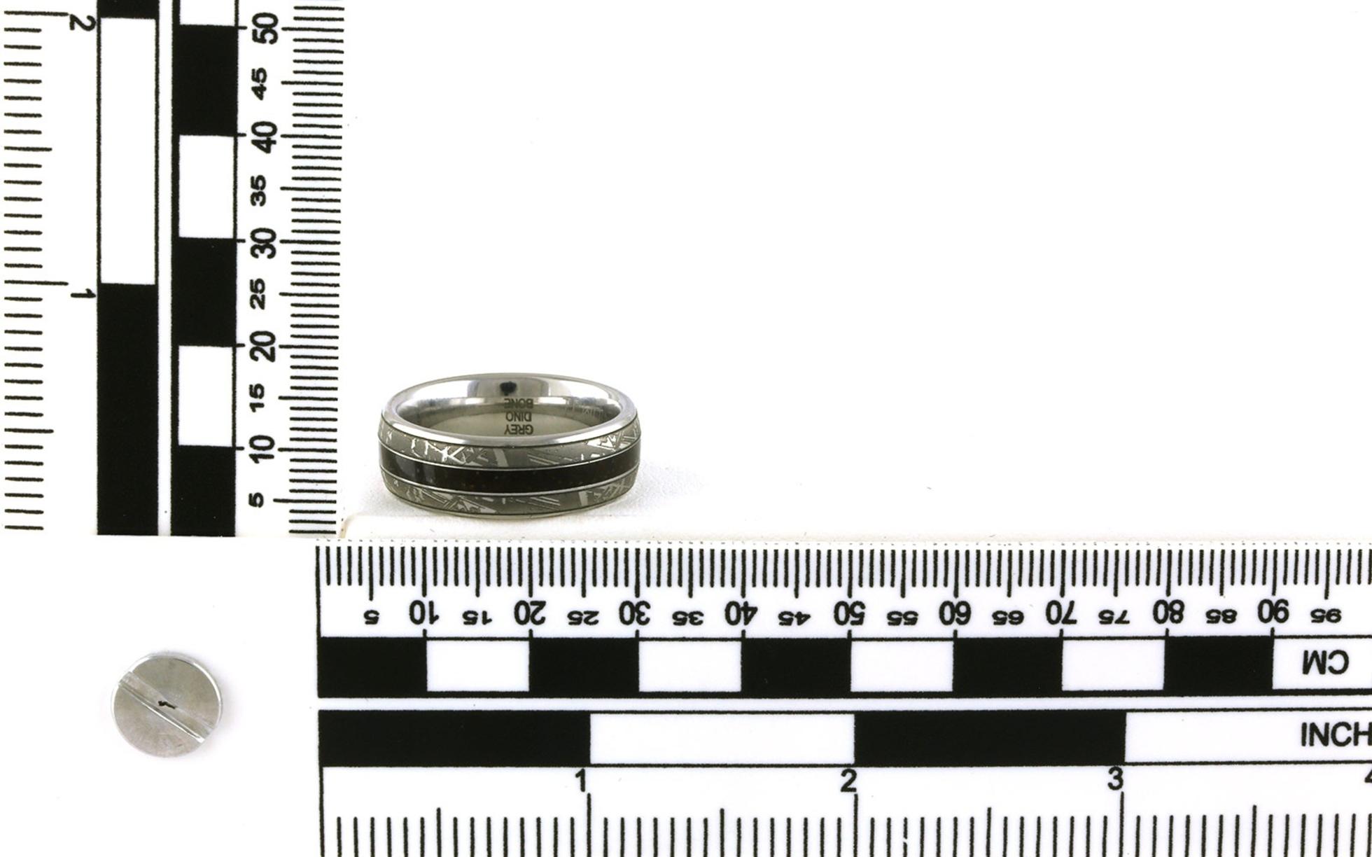 White Meteorite with Grey Dinosaur Bone Inlay Wedding Band scale